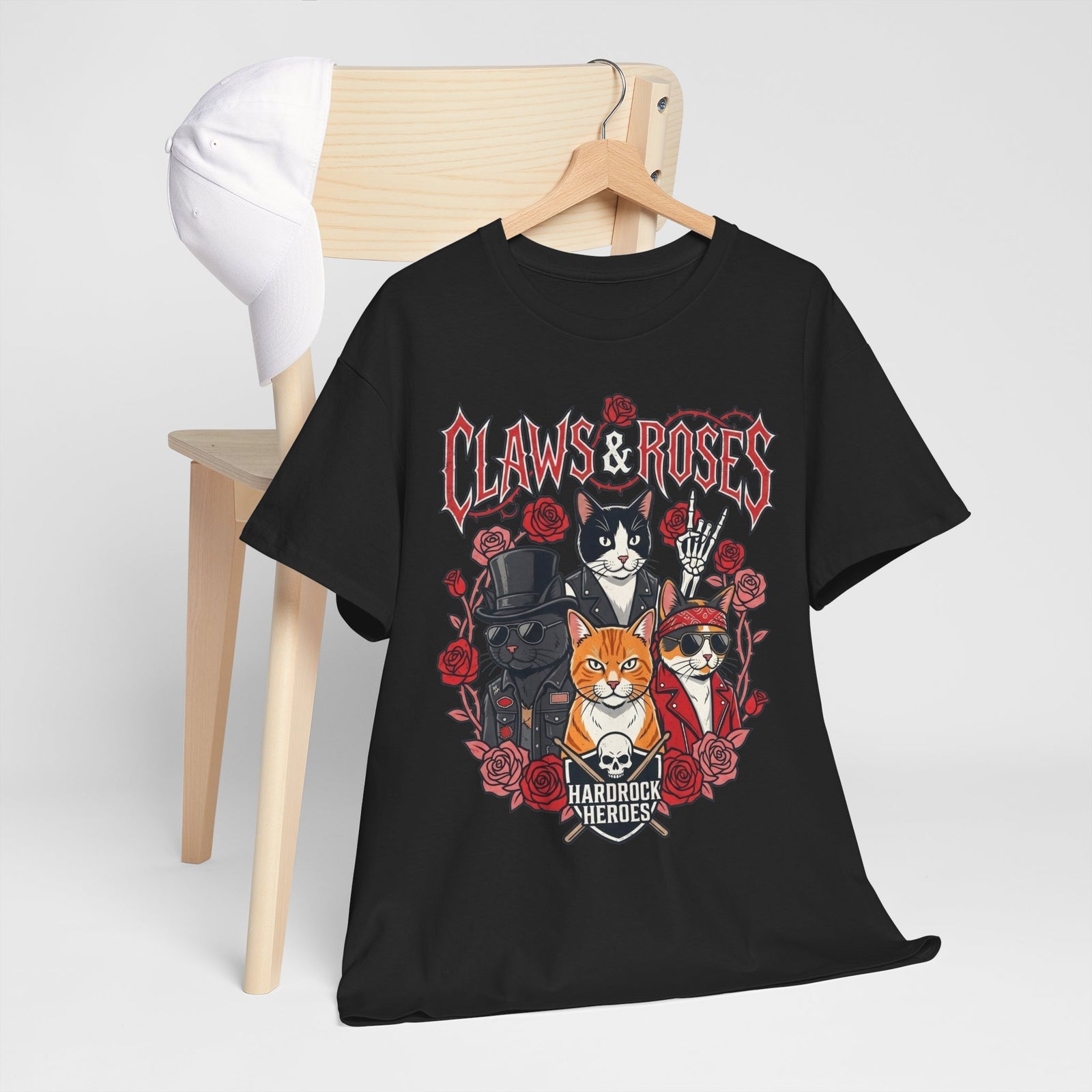 Claws & Roses Cat Band Tee - Rock 'N' Roll Feline Graphic T-Shirt