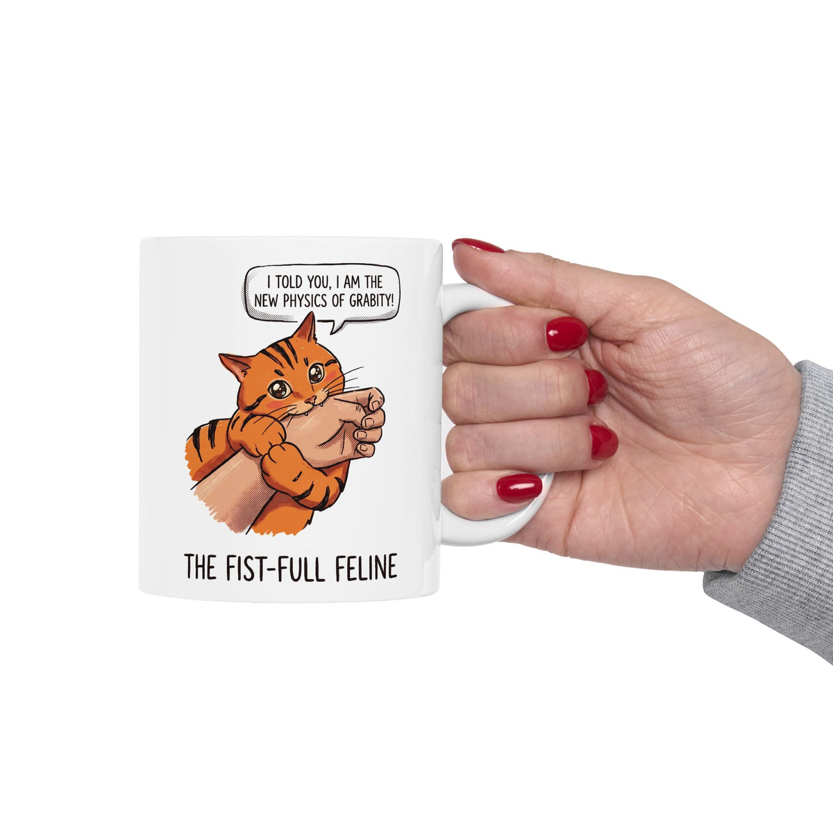 The New Physics Of Grabity Ceramic Mug — Funny Orange Cat Biting Hand Mug