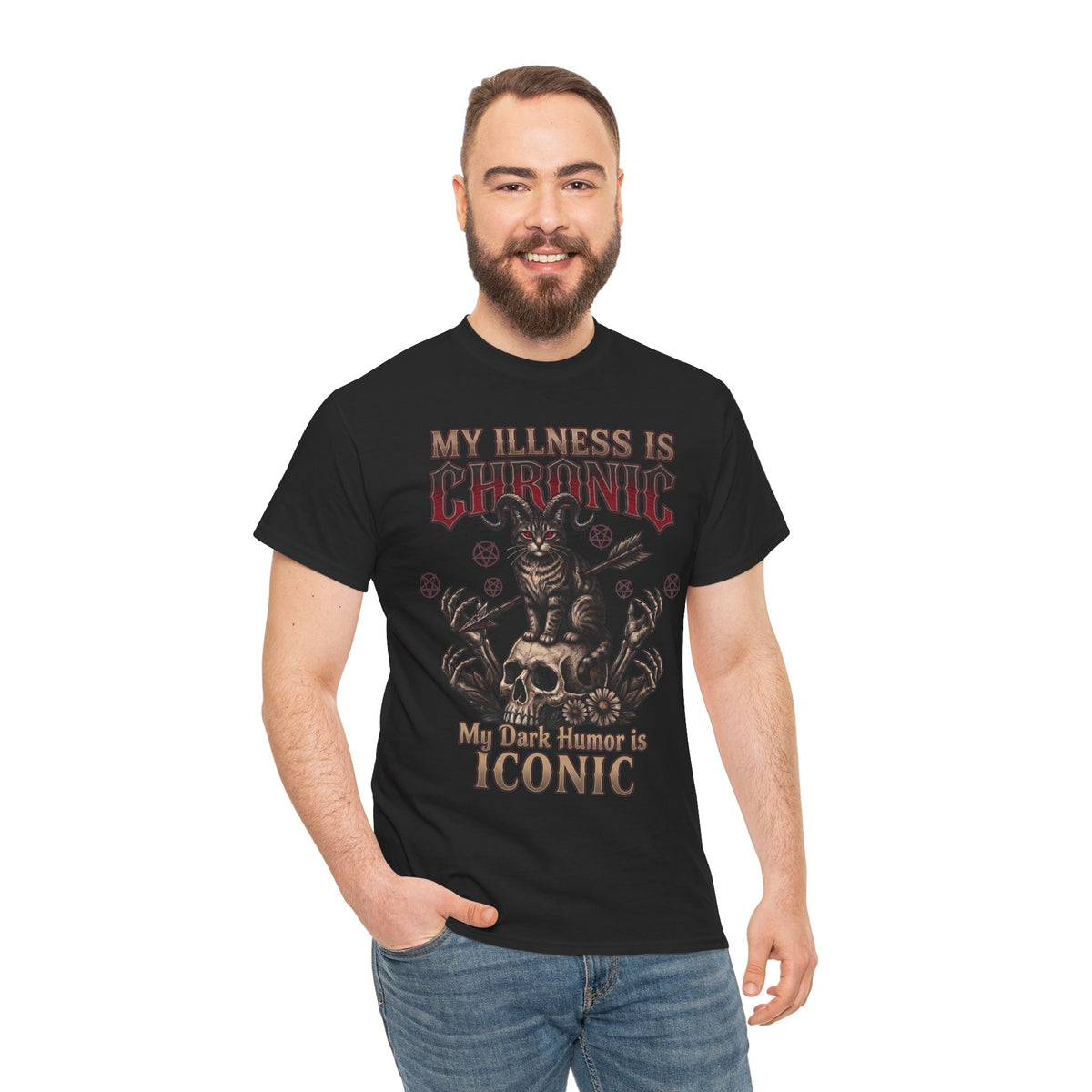 My Illness Is Chronic My Dark Humor Is Iconic T-Shirt — Gothic Horned Cat Tee