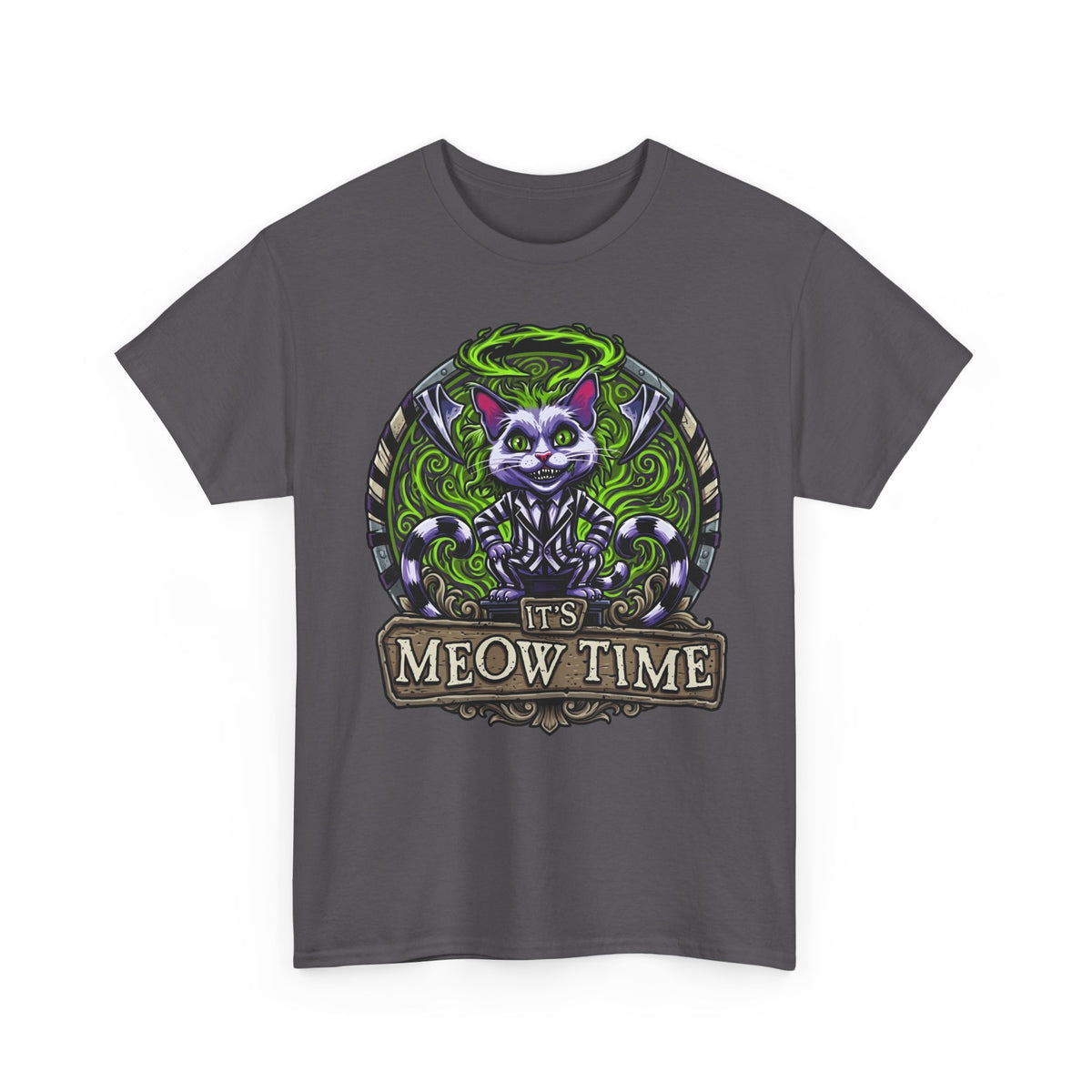 It's Meow Time Cat T‑Shirt — Gothic Neon Halloween Cat Graphic Tee