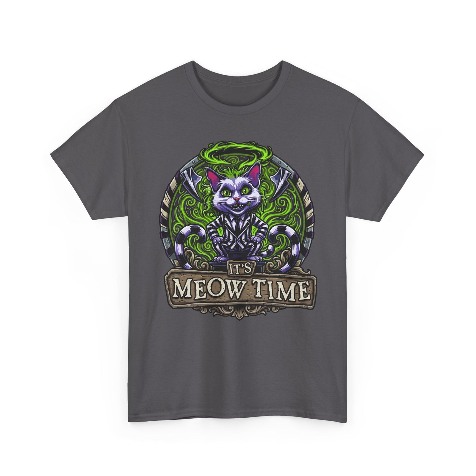 It's Meow Time Cat T‑Shirt — Gothic Neon Halloween Cat Graphic Tee