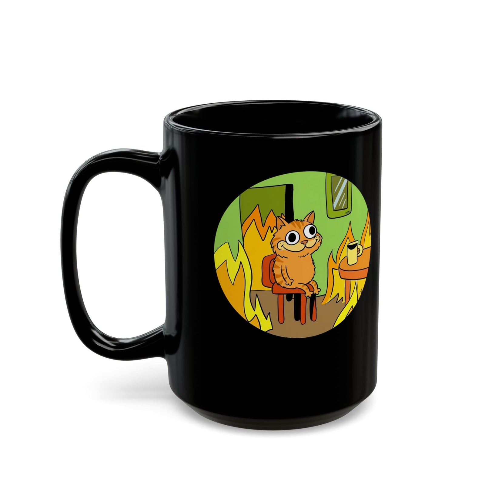 This Is Fine Orange Cat Black Mug — Funny Meme Parody Feline Graphic Mug