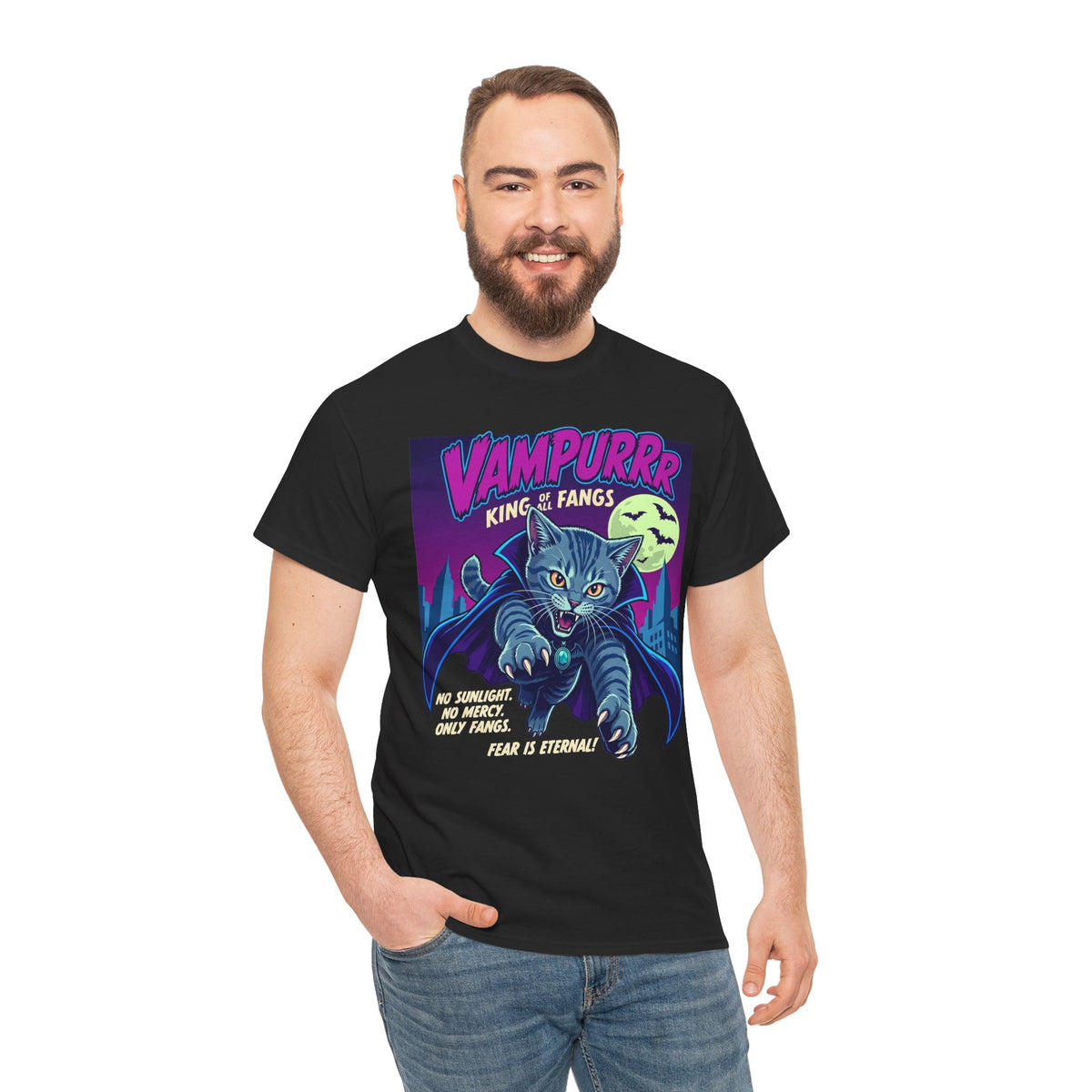 Vampurrr King of Fangs Cat T-Shirt — Retro Vampire Cat Graphic Tee