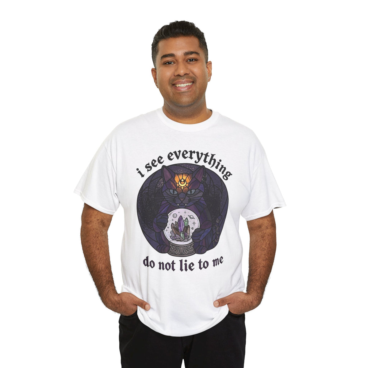 Mystic Fortune Teller Cat T-Shirt "I See Everything" Stained Glass Spiritual Kitten
