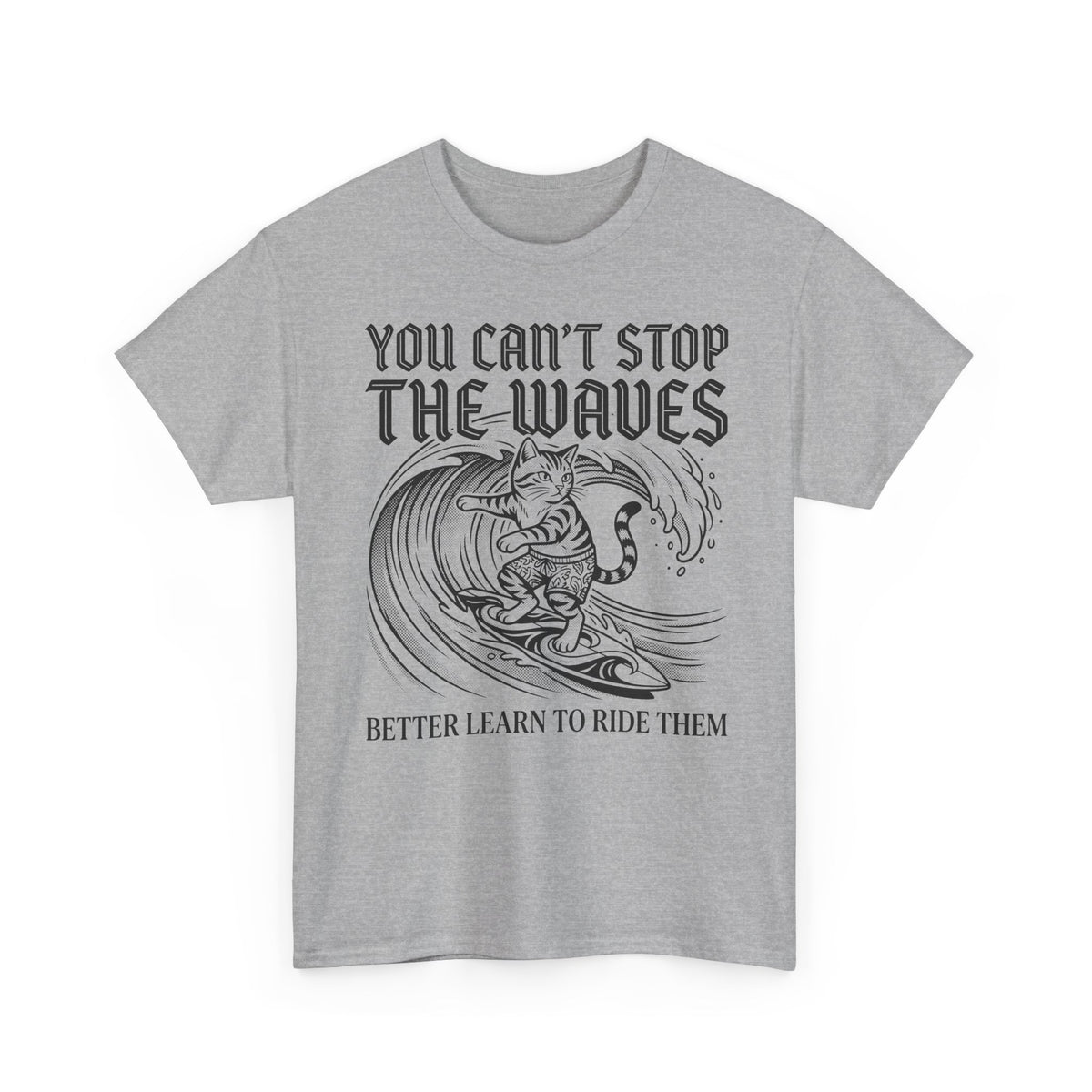 Vintage Surfer Cat T-Shirt — Monochrome Ocean Waves Graphic Tee