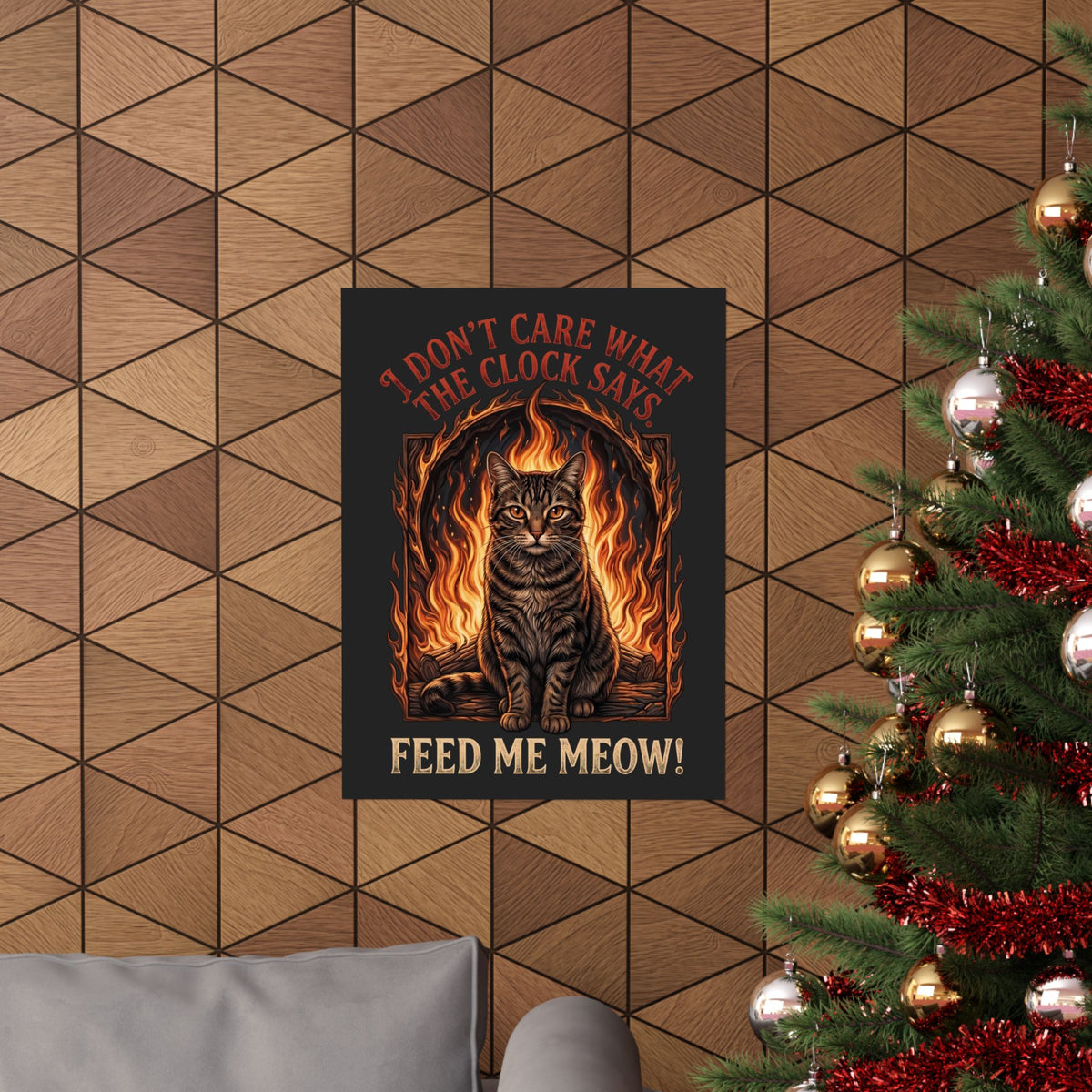 Feed Me Meow Poster — Funny Hungry Tabby Cat Fiery Graphic Poster