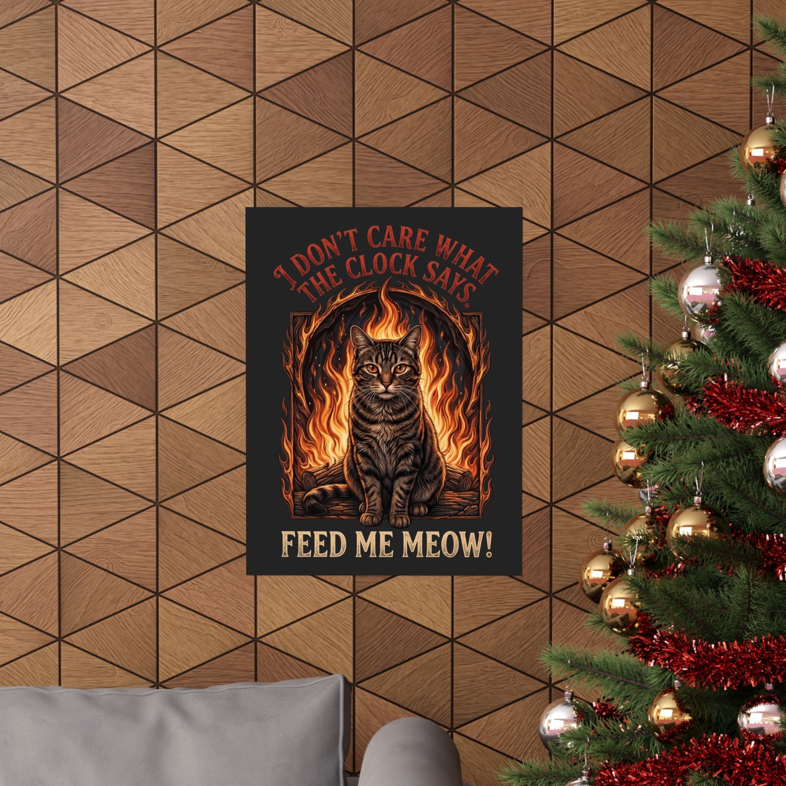 Feed Me Meow Poster — Funny Hungry Tabby Cat Fiery Graphic Poster