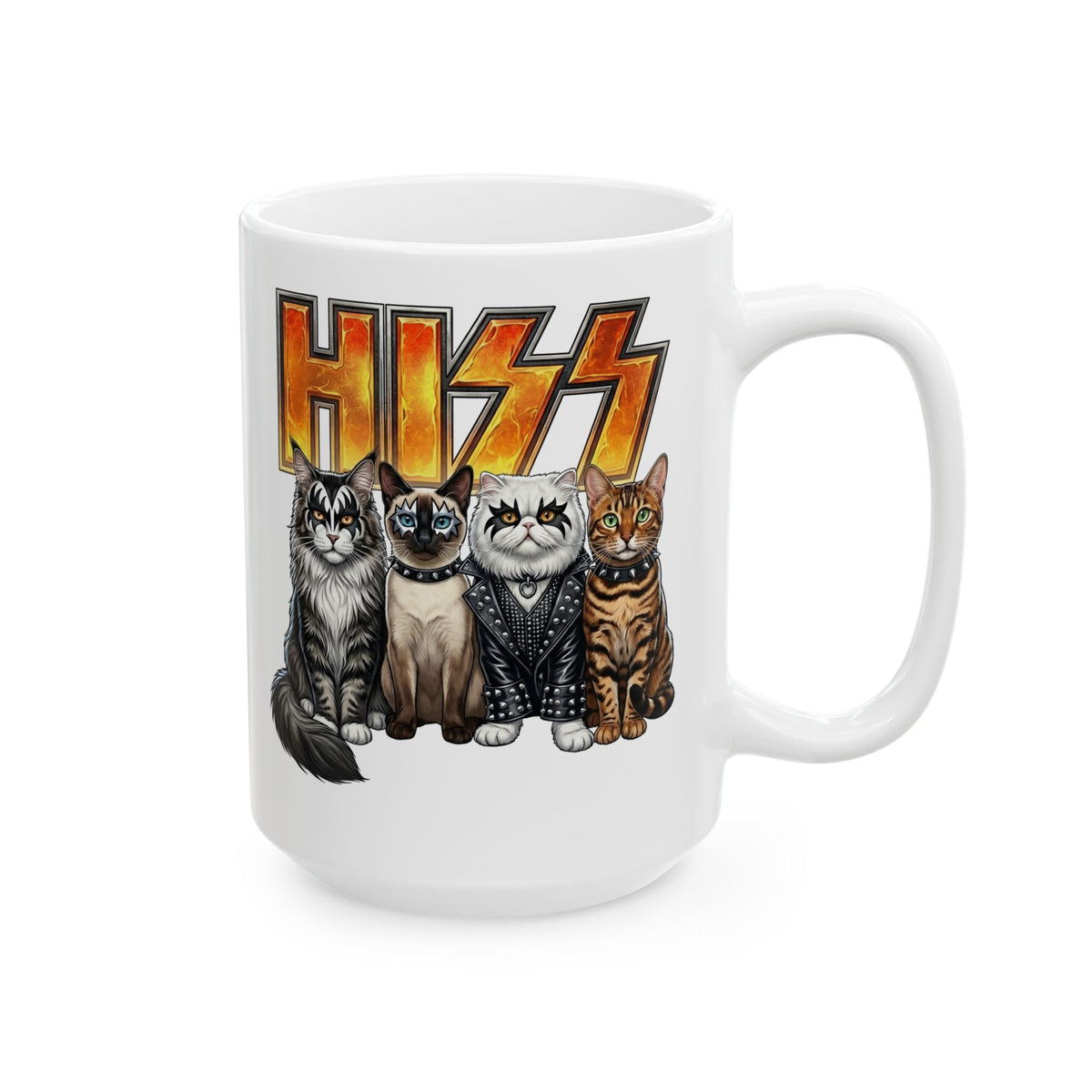 Heavy Metal Cat Hiss Ceramic Mug — Retro Rock Cat Graphic Mug