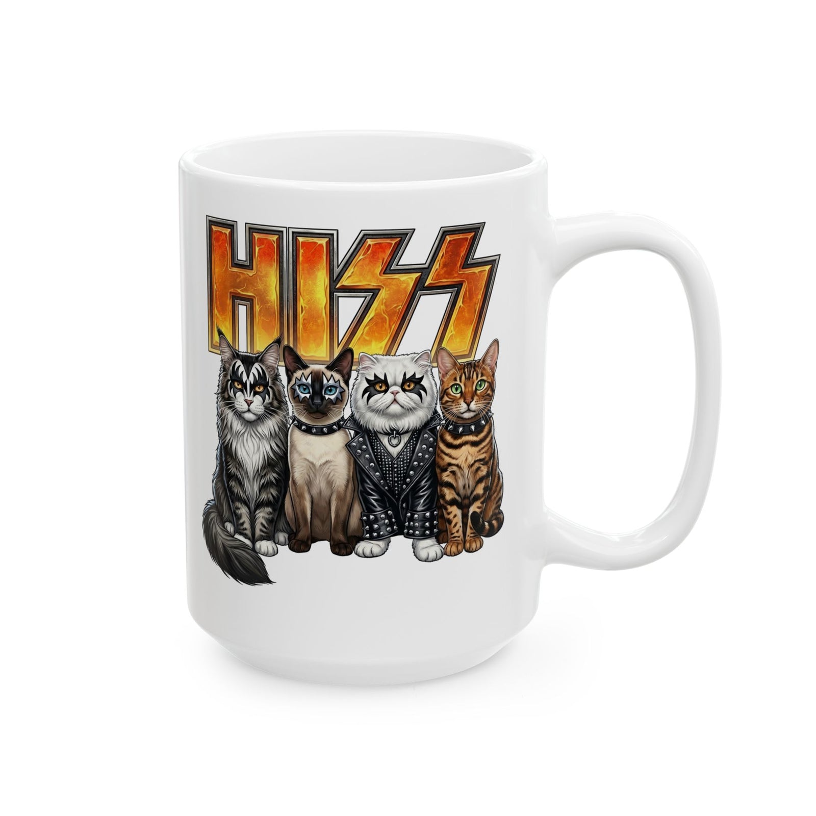 Heavy Metal Cat Hiss Ceramic Mug — Retro Rock Cat Graphic Mug
