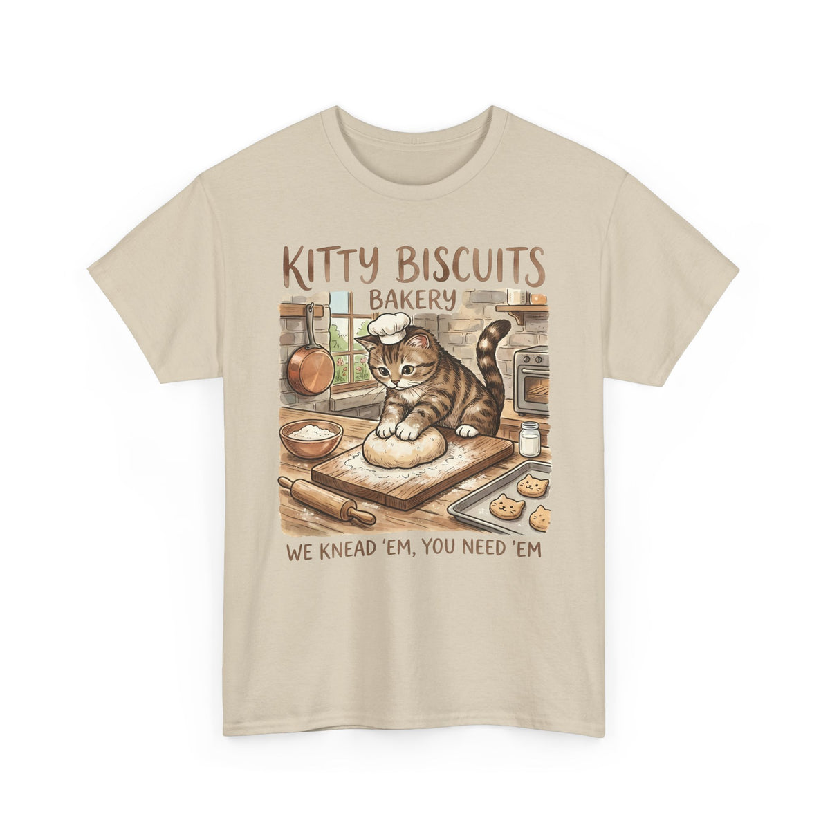 Kitty Biscuits Bakery T-Shirt — "We Knead 'Em We Need 'Em" Cat Bakery Tee