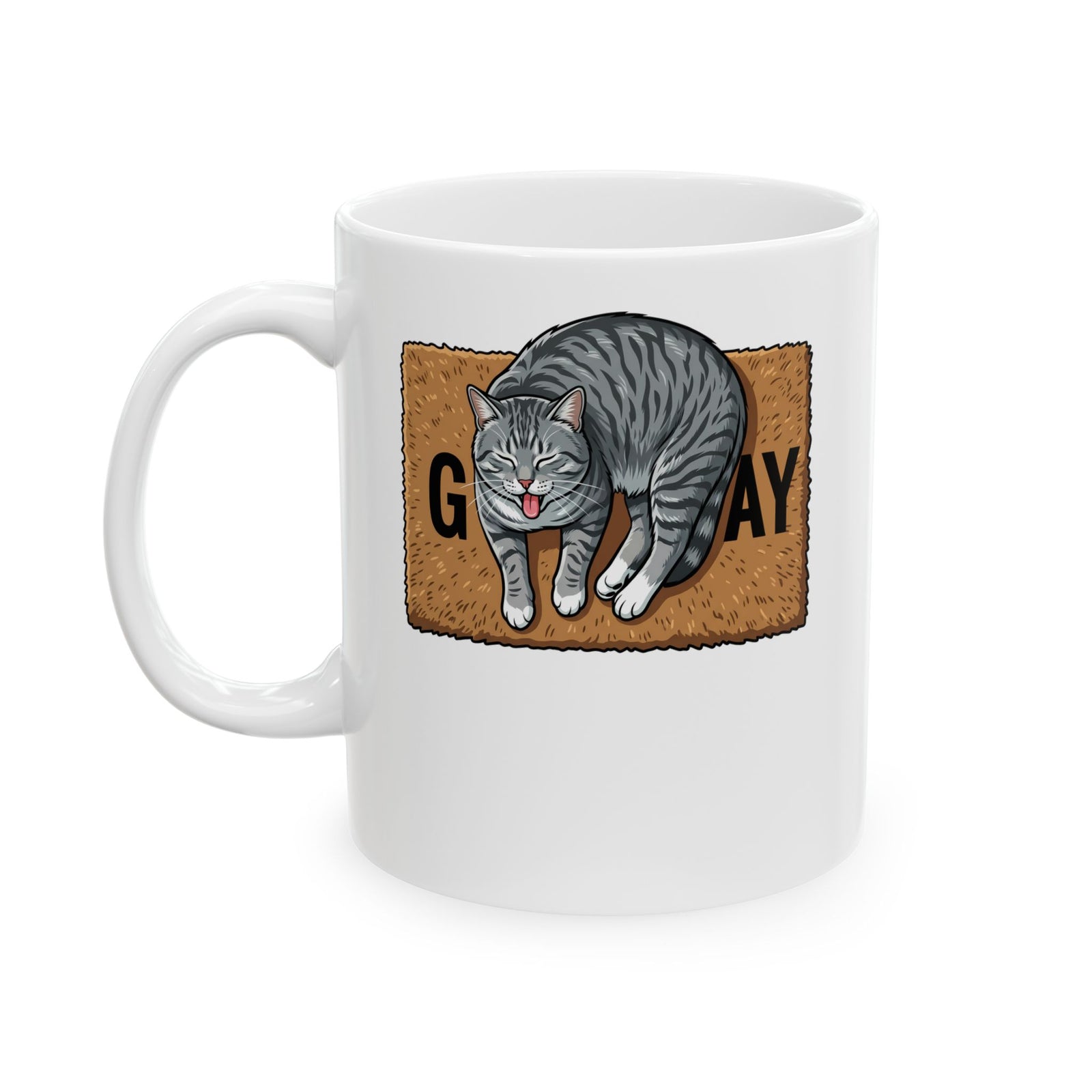 Funny Gay Cat Ceramic Mug — Cute Grey Tabby LGBTQ Pride Mug