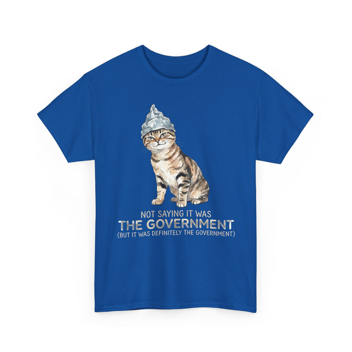 Conspiracy Cat T-Shirt — Funny Tin Foil Hat Cat Tee (“Not Saying It Was The Government”)