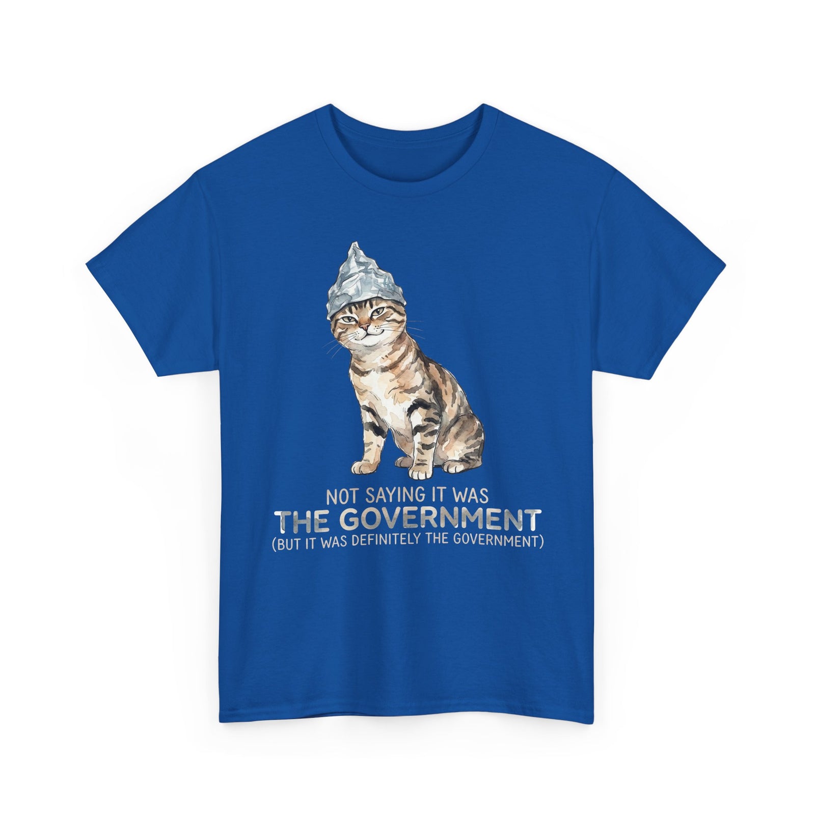 Conspiracy Cat T-Shirt — Funny Tin Foil Hat Cat Tee (“Not Saying It Was The Government”)