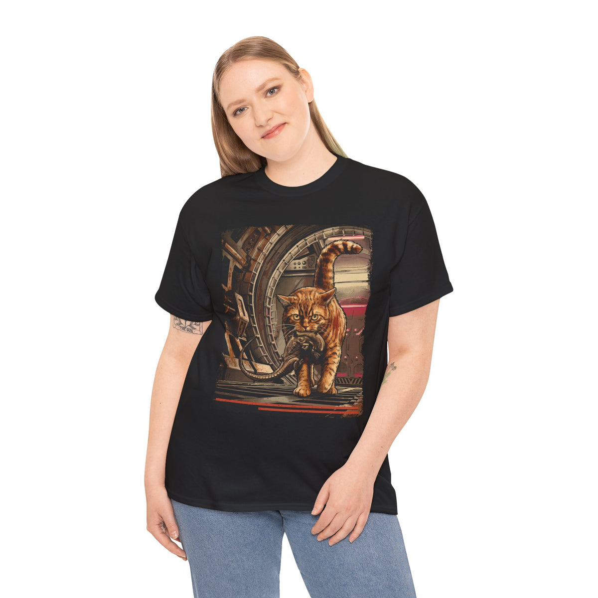 Sci-Fi Pest Control Cat T-Shirt — Alien Hunter Orange Tabby Graphic