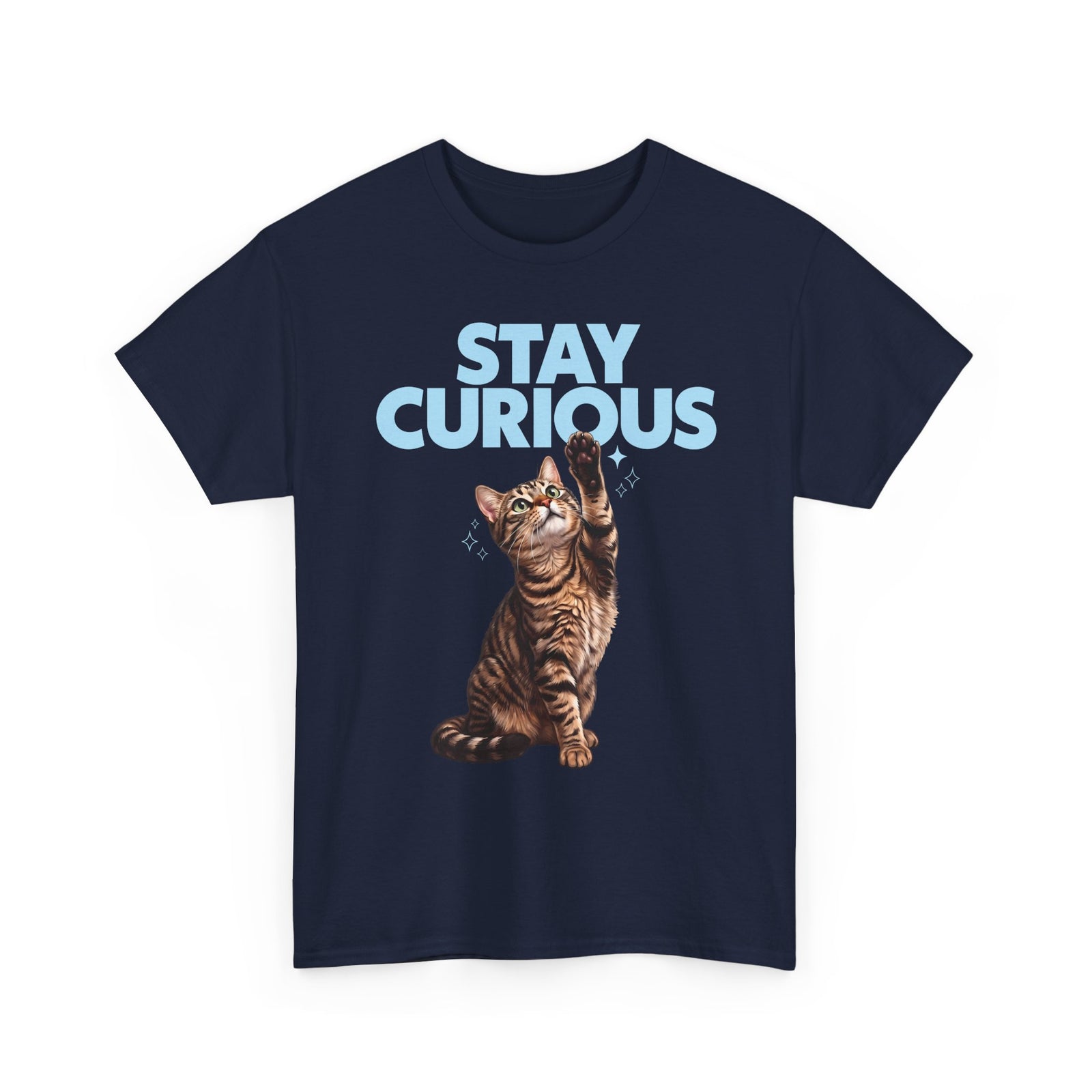 Stay Curious Tabby Cat T-Shirt — Cute Reaching Feline Graphic Tee
