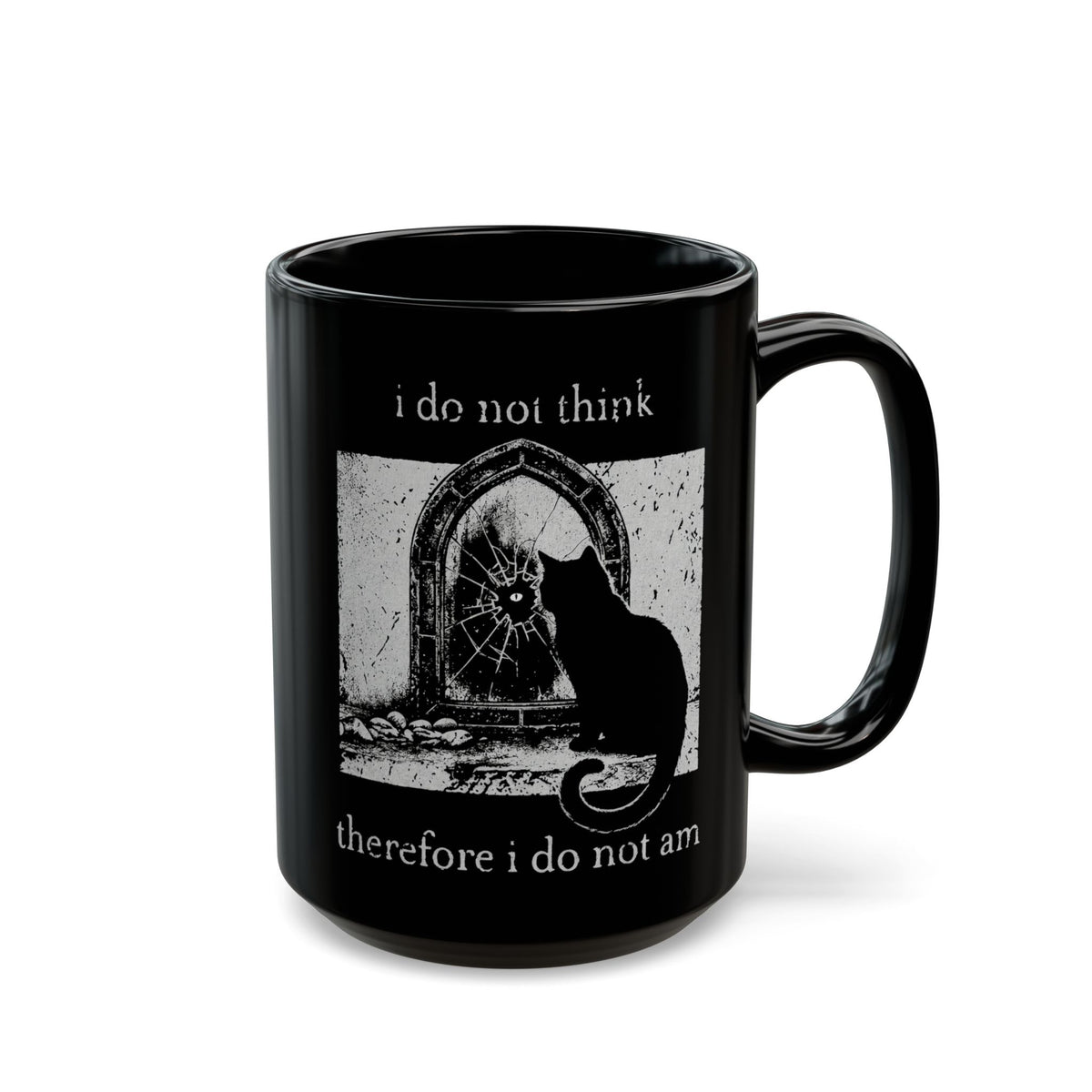 Vintage Black Cat Black Mug — "I Do Not Think Therefore I Do Not Am"