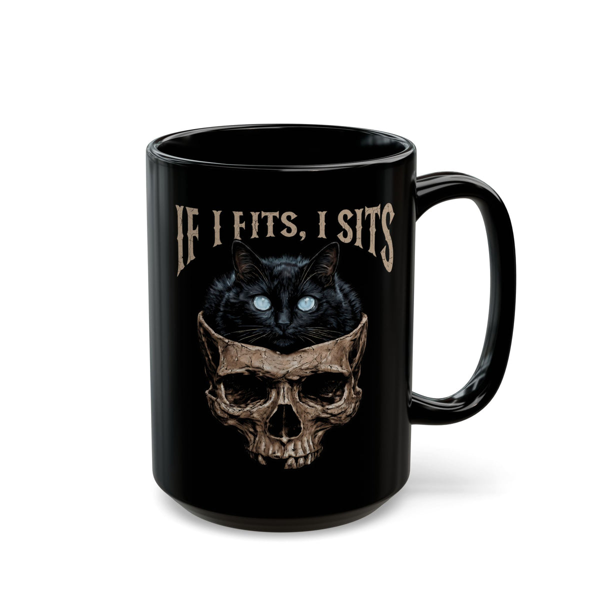 If I Fits I Sits Cat Black Mug — Funny Gothic Black Cat Skull Graphic