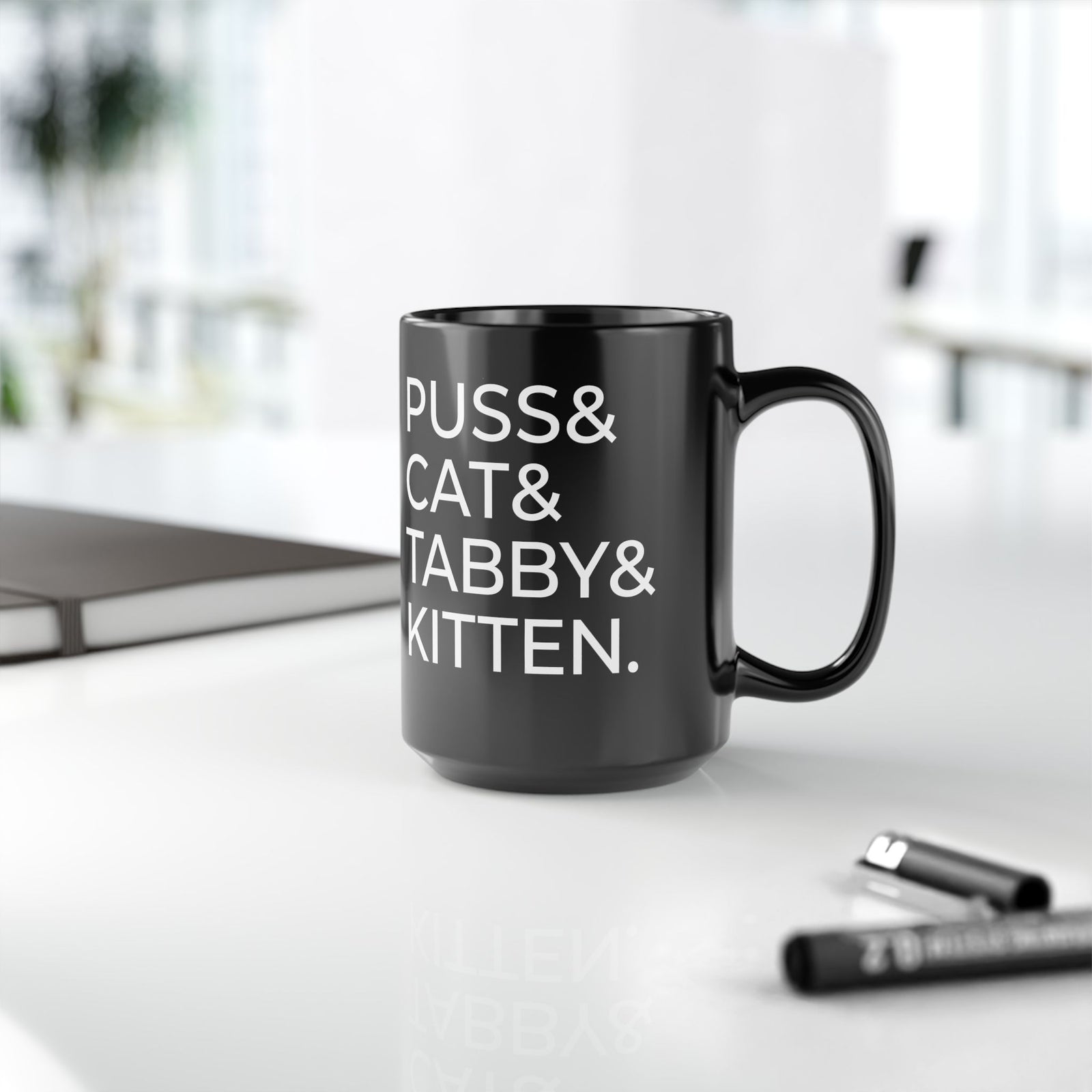 Puss and Kitten Cat Mug — Cute Tabby Cat Graphic Black Mug