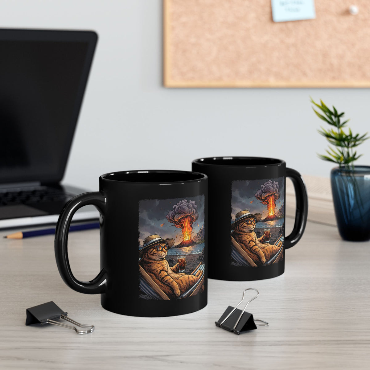 Unbothered Orange Cat Volcano Black Mug — Funny Chaos Beach Lounging Mug