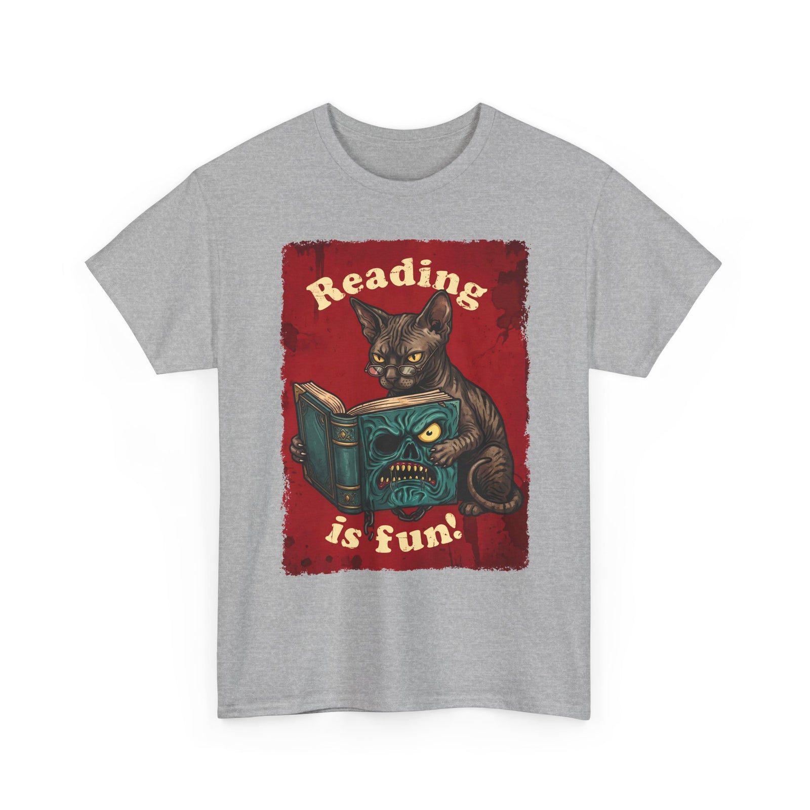 Reading Is Fun Necronomicon Sphynx Cat T-Shirt — Evil Dead Horror Book Tee