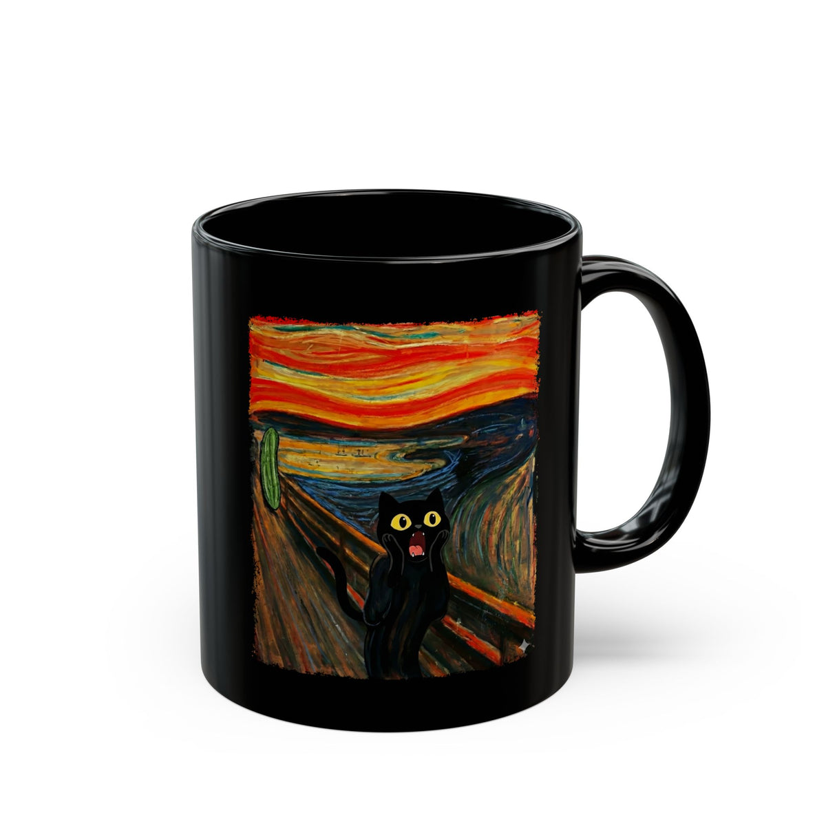 Black Cat Scream Black Mug — Cats Scared by Cucumbers Graphic Mug