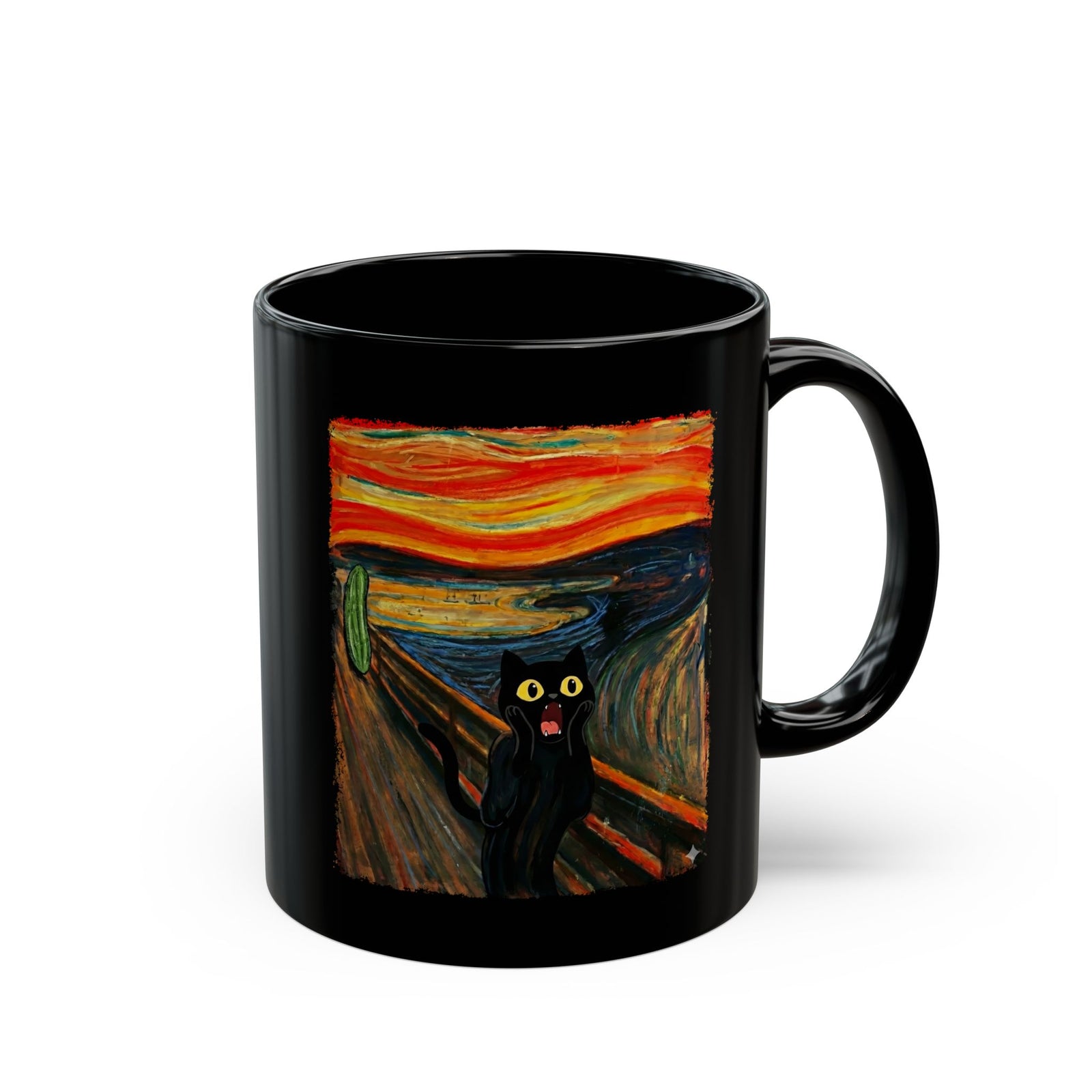 Black Cat Scream Black Mug — Cats Scared by Cucumbers Graphic Mug