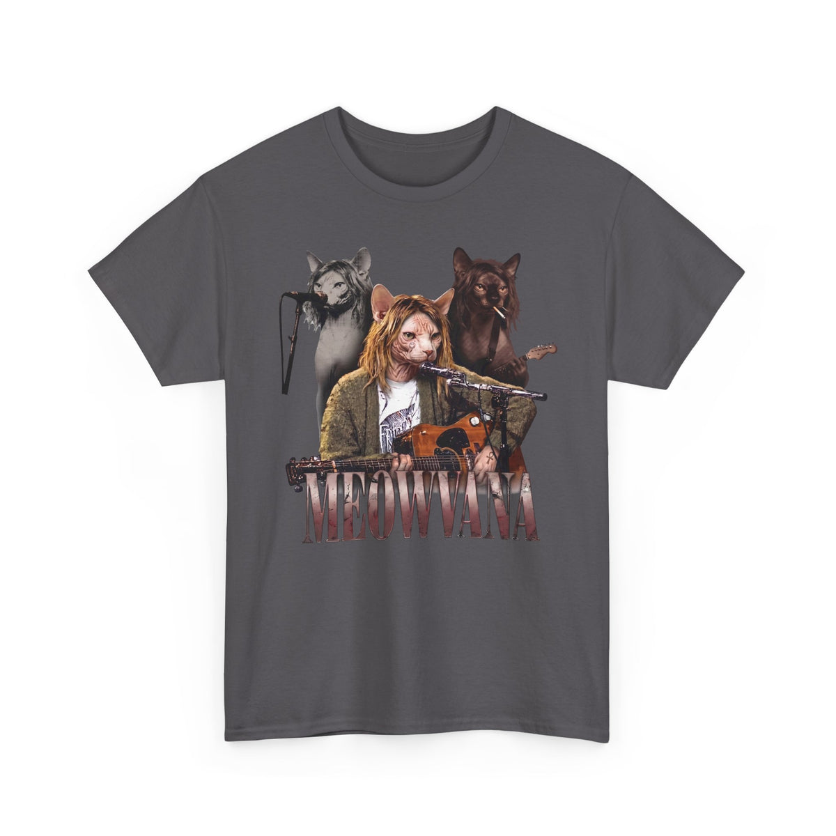 Meowvana Grunge Cat Band T-Shirt — Funny 90s Rock Sphynx Cat Tee