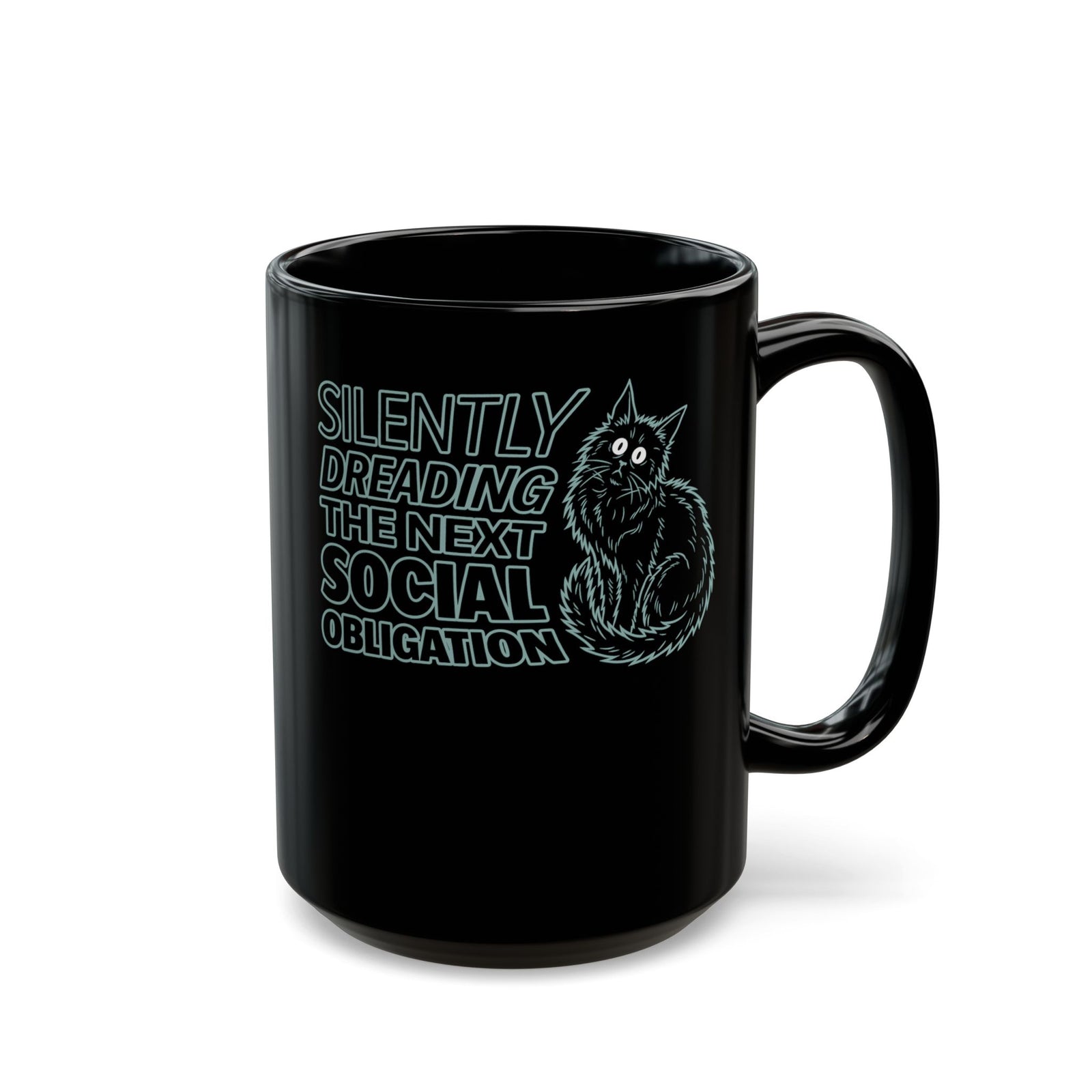 Introvert Cat Black Mug — "Silently Dreading the Next Social Obligation"