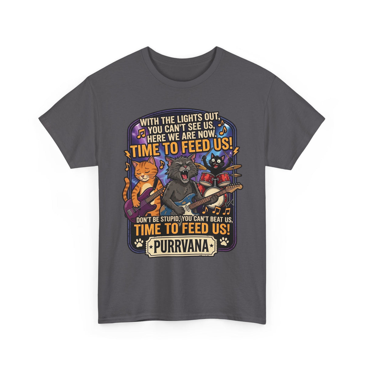 Purrvana Cat Band Graphic Tee — “Time to Feed Us!” Funny Cat Music T-Shirt