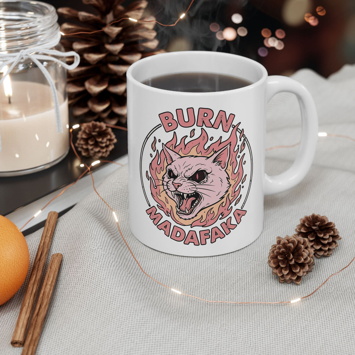 Funny Cat T‑Mug — "Burn Madafaka" Graphic Mug