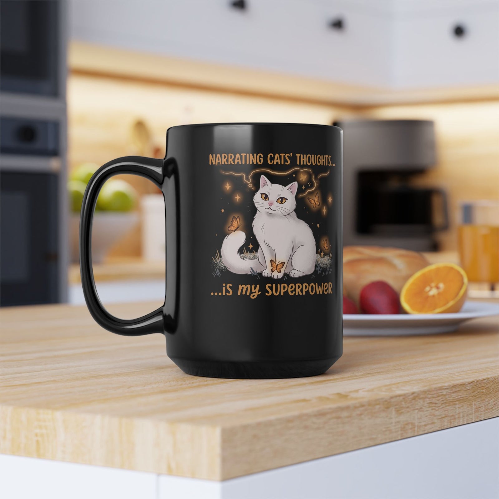 Narrating Cats' Thoughts Black Mug — "My Superpower" Cat Lover Mug