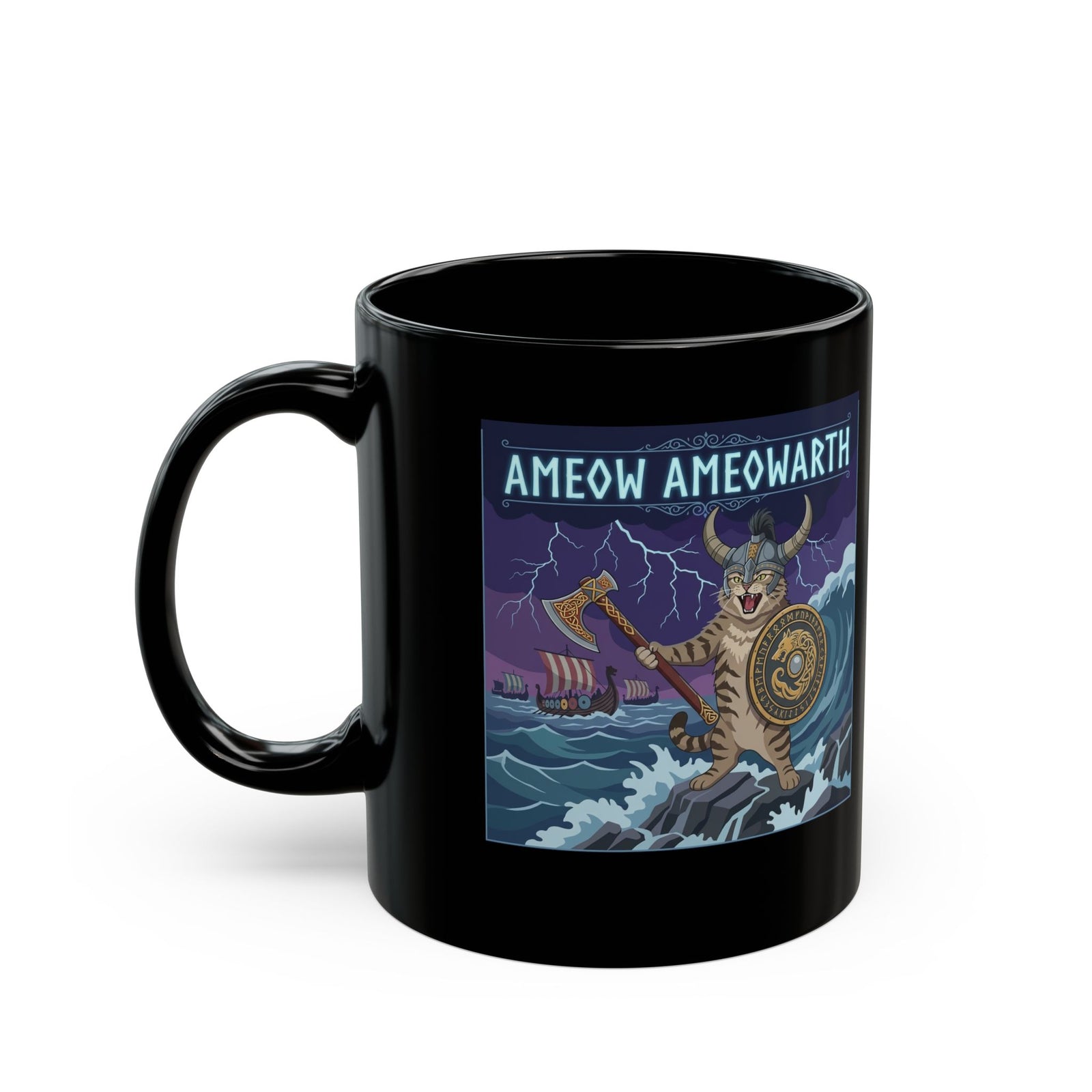 Ameow Ameowarth Cat Viking Black Mug — Funny Viking Cat Graphic Mug