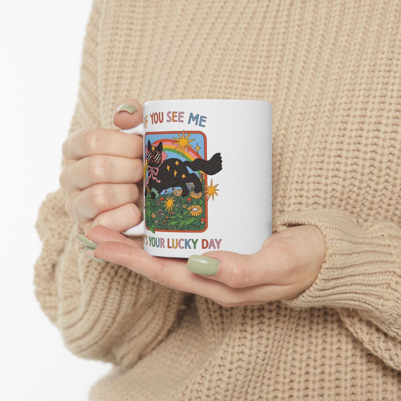If You See Me It's Your Lucky Day Ceramic Mug — Retro Groovy Black Cat Rainbow Graphic Mug