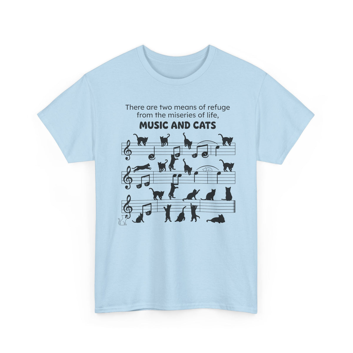 Music and Cats T-Shirt — Graphic Tee with Musical Score and Cat Silhouettes