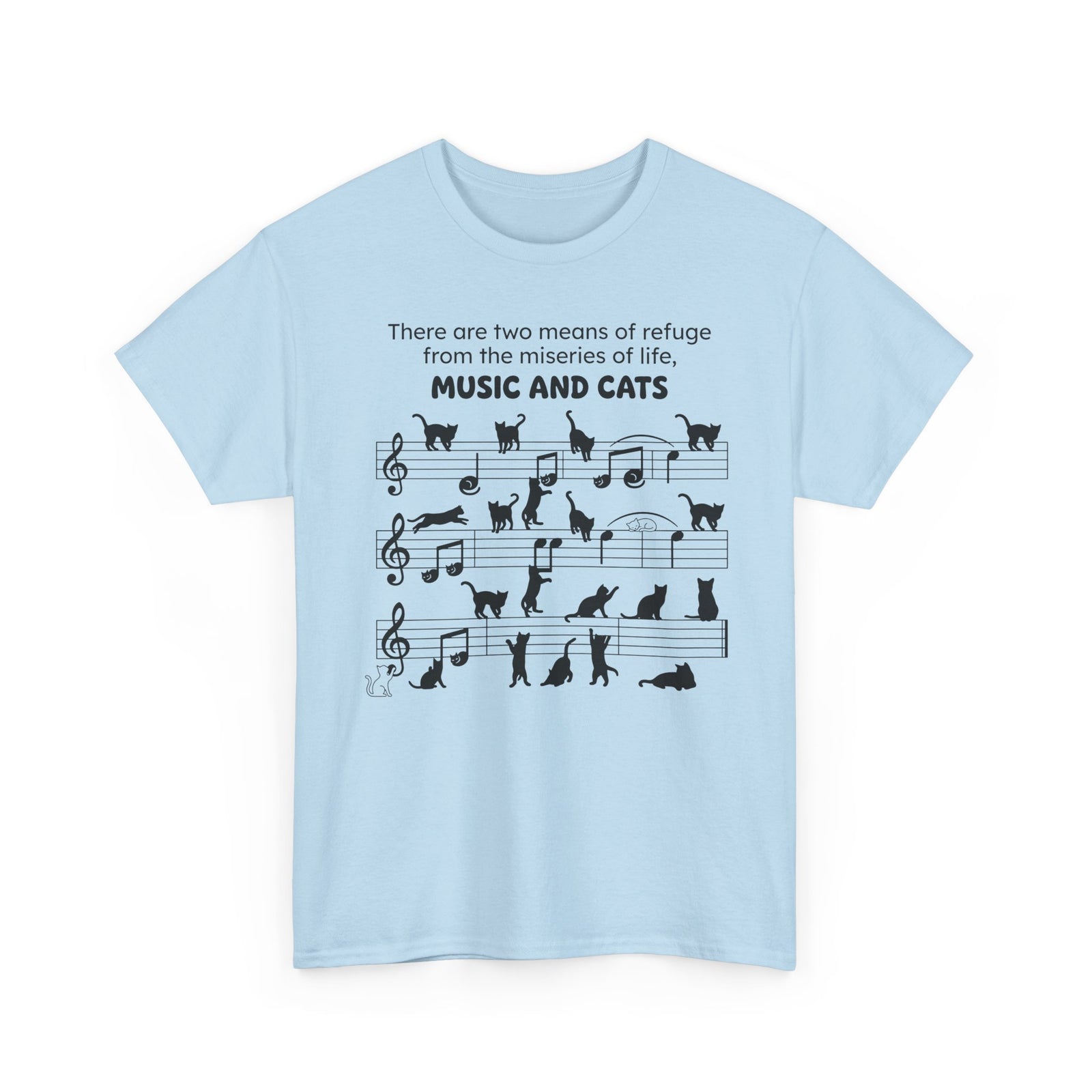 Music and Cats T-Shirt — Graphic Tee with Musical Score and Cat Silhouettes