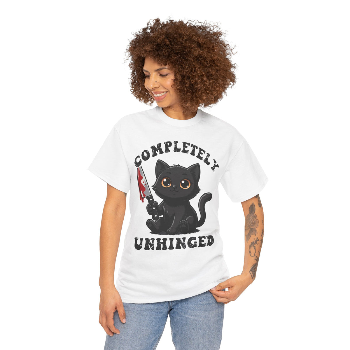 Completely Unhinged Black Cat T-Shirt — Funny Cute Psycho Knife Tee
