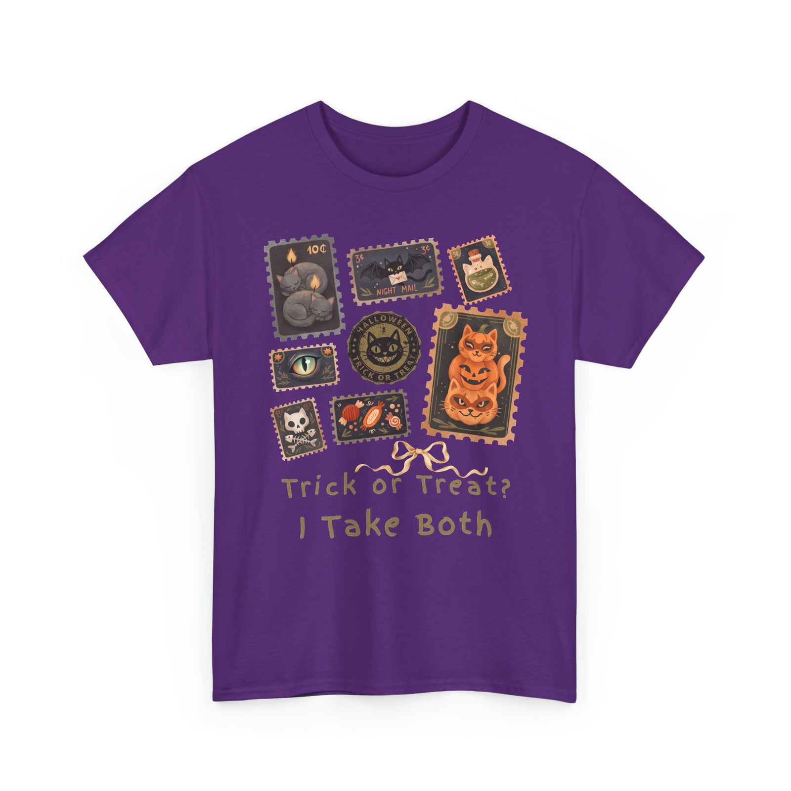 Vintage Halloween Postage Stamp Cats Shirt — Trick Or Treat I Take Both T-Shirt