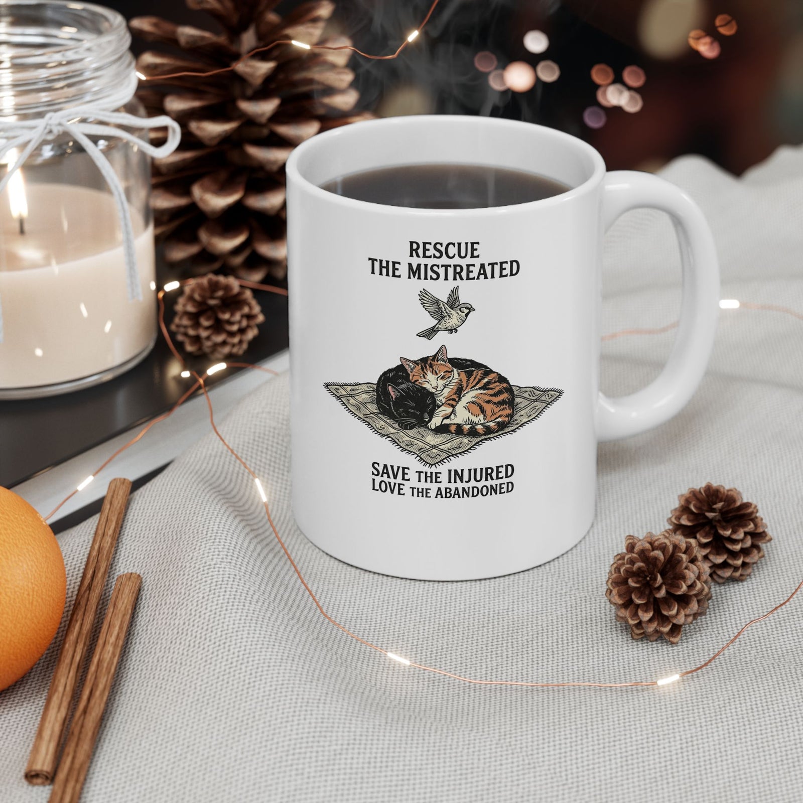 Cat Lover Ceramic Mug — "Rescue the Mistreated, Save the Injured, Love the Abandoned" Rescue Cat Mug