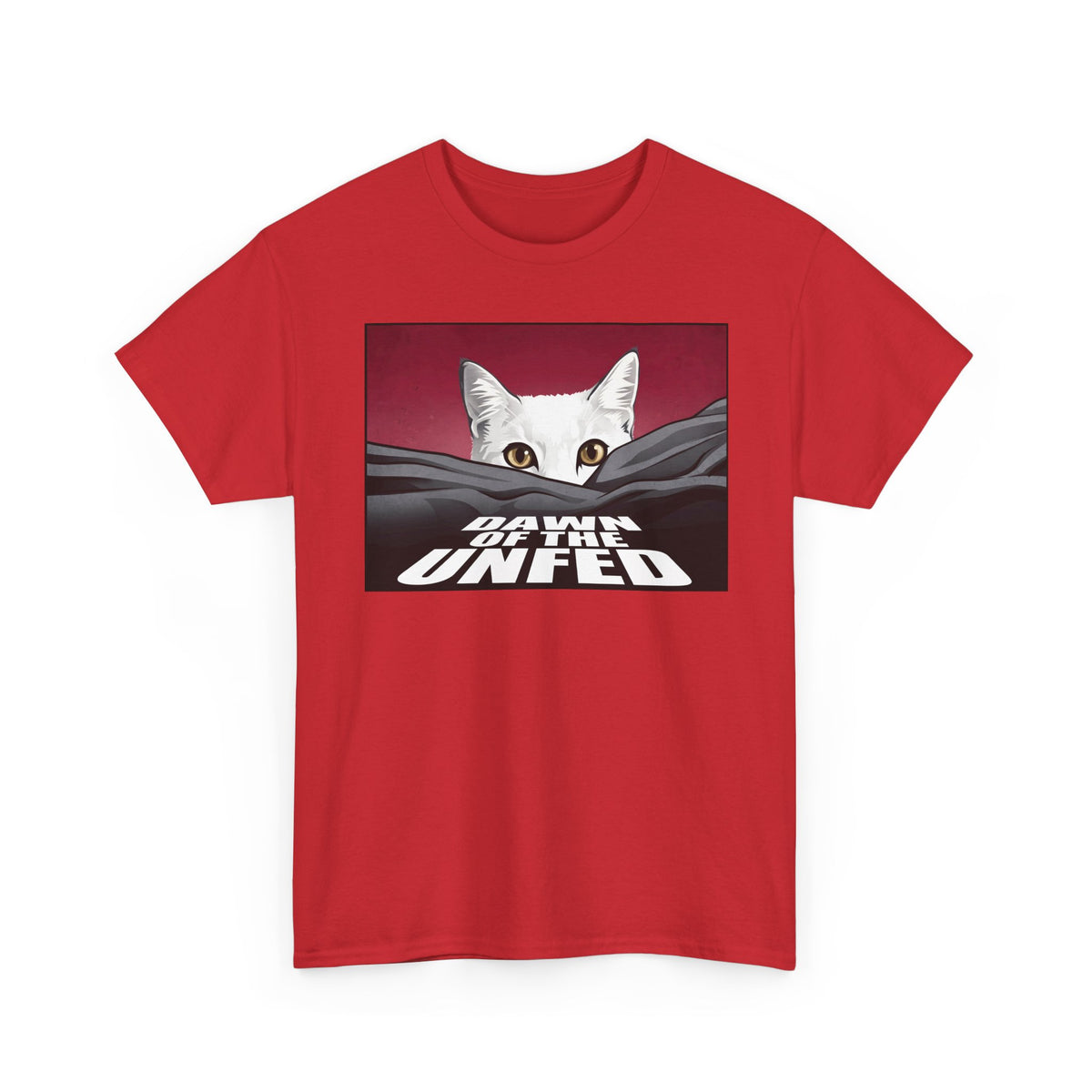 Dawn of the Unfed T-Shirt — Funny White Cat Horror Movie Parody Tee