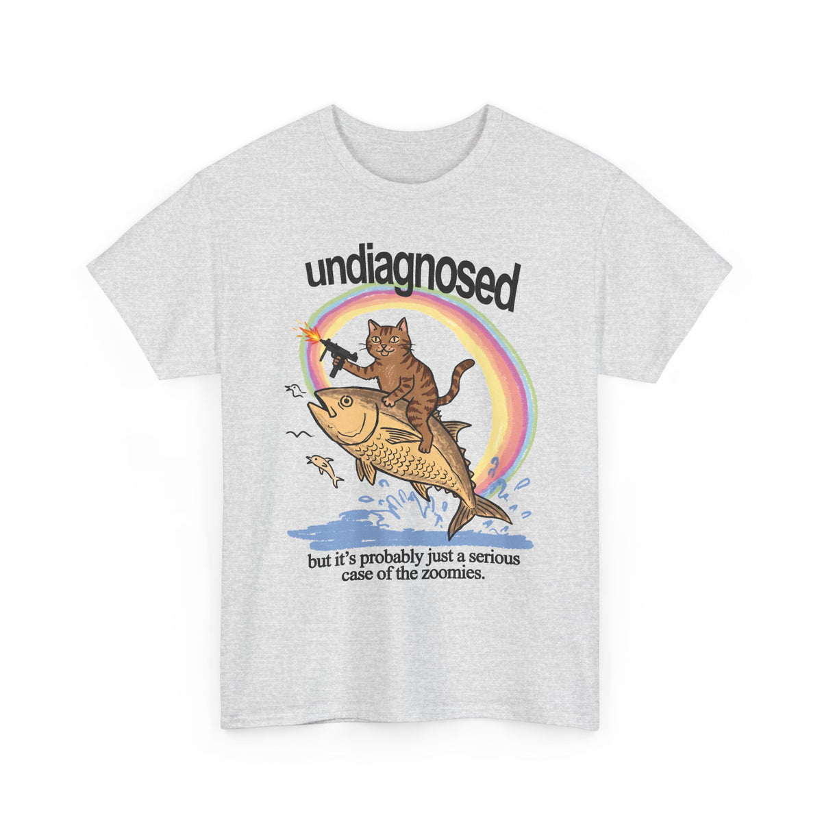 Undiagnosed Case Of The Zoomies T-Shirt — Machine Gun Cat Riding Fish Tee