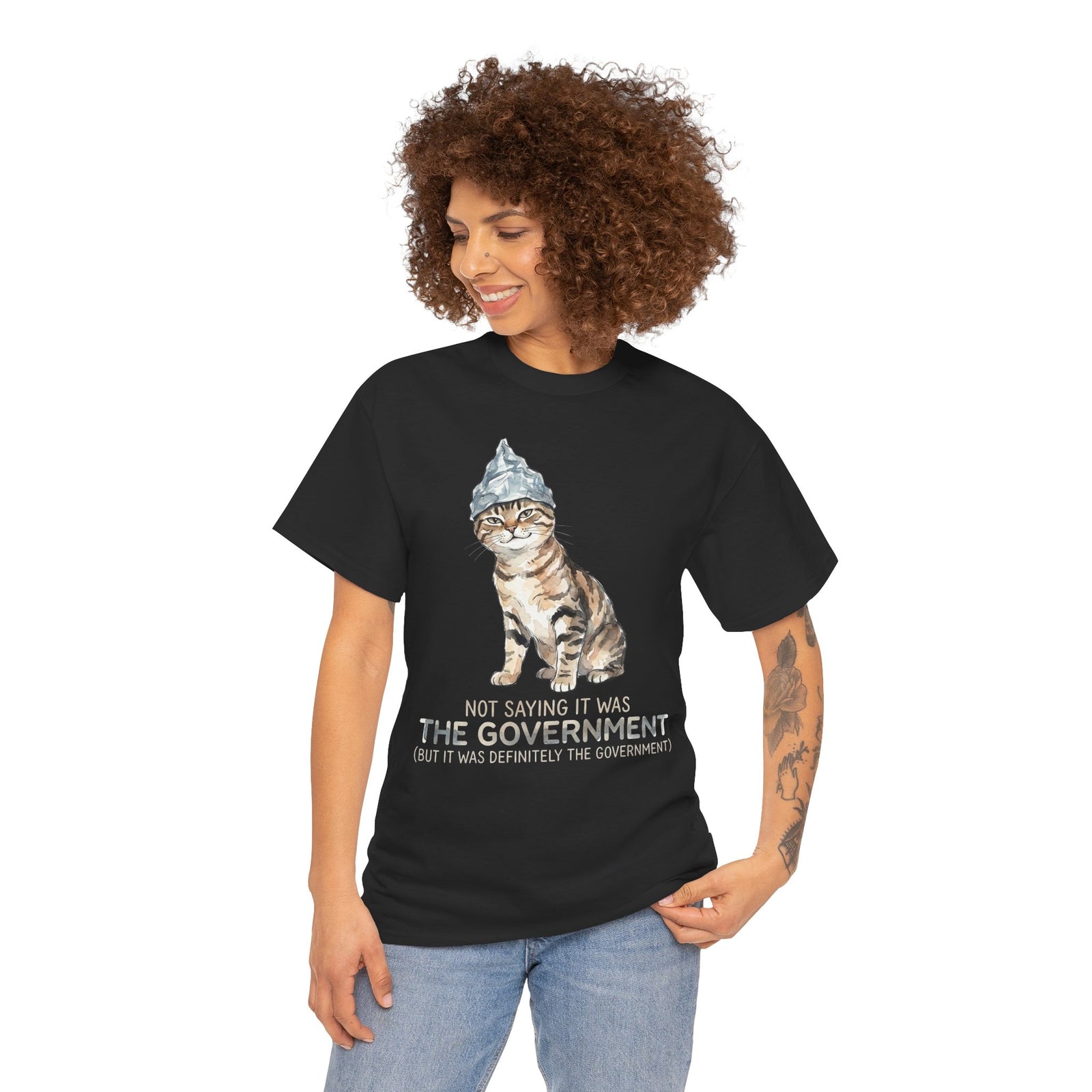 Conspiracy Cat T-Shirt — Funny Tin Foil Hat Cat Tee (“Not Saying It Was The Government”)