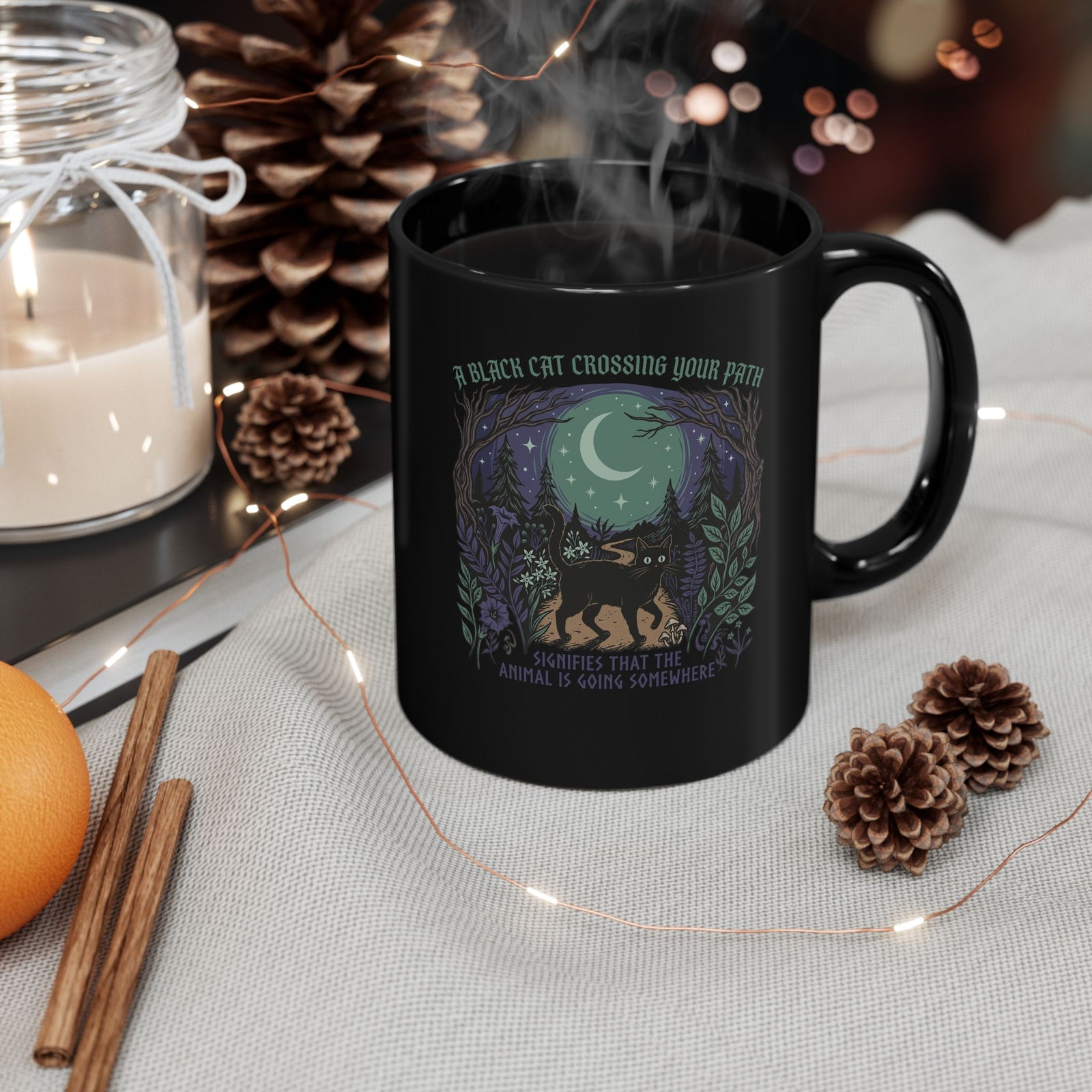 Black Cat Crossing Your Path Mug — Whimsical Moonlit Forest Cat Mug