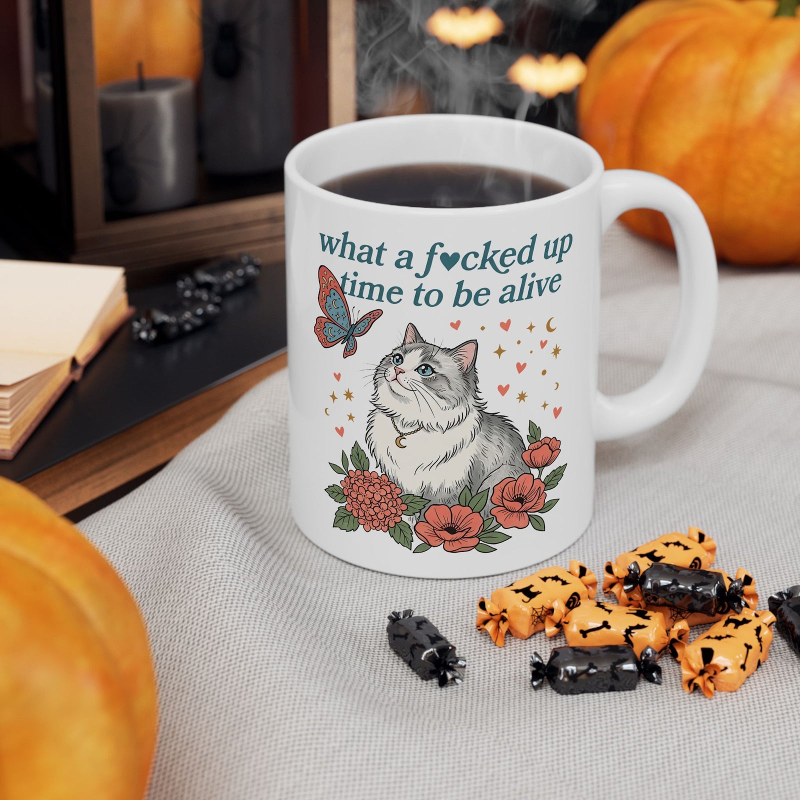 Retro Cat Mug — "What a Fucked Up Time to Be Alive" Graphic
