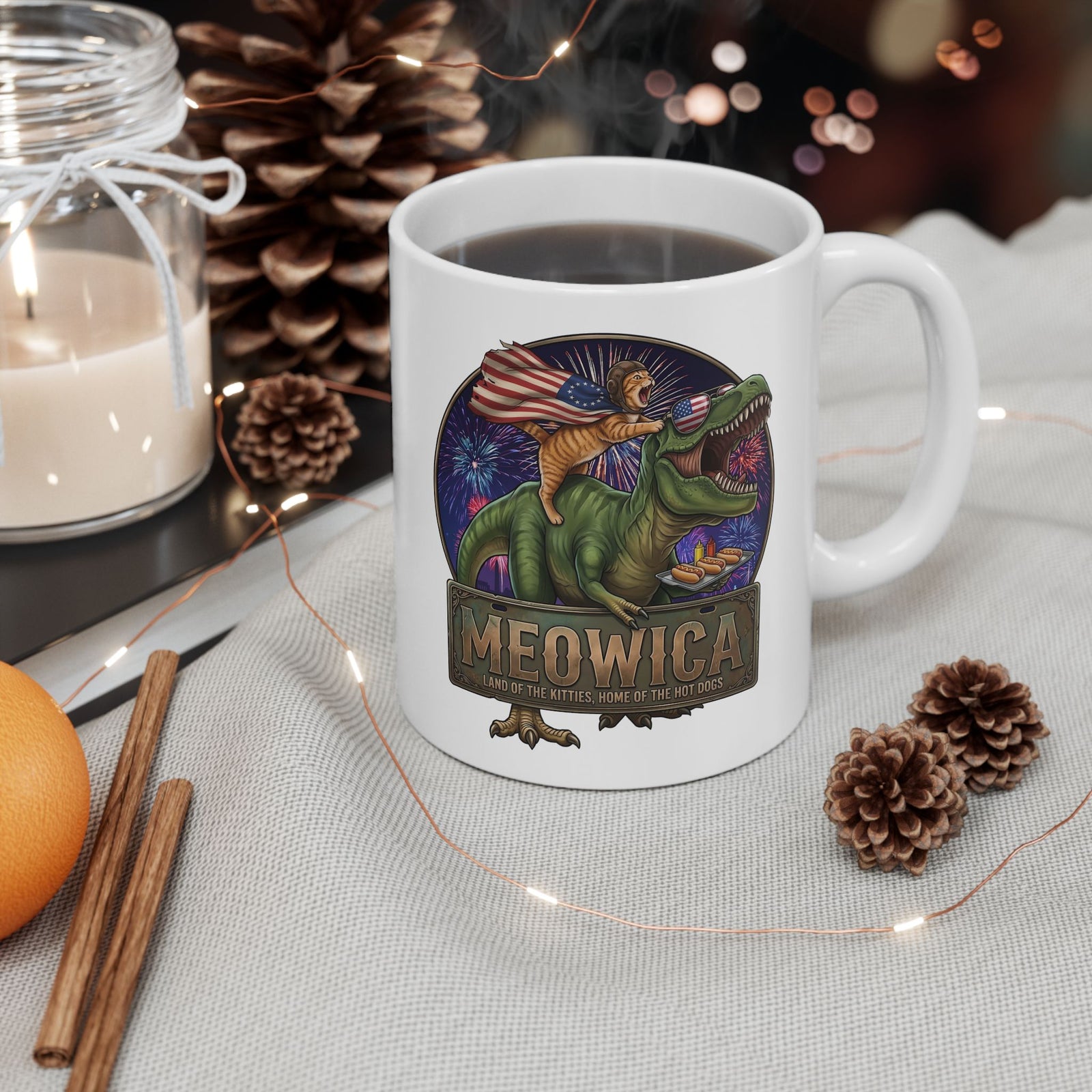4th of July Cat Riding T‑Rex T‑Mug "Meowica: Land of the Kitties" Patriotic Graphic