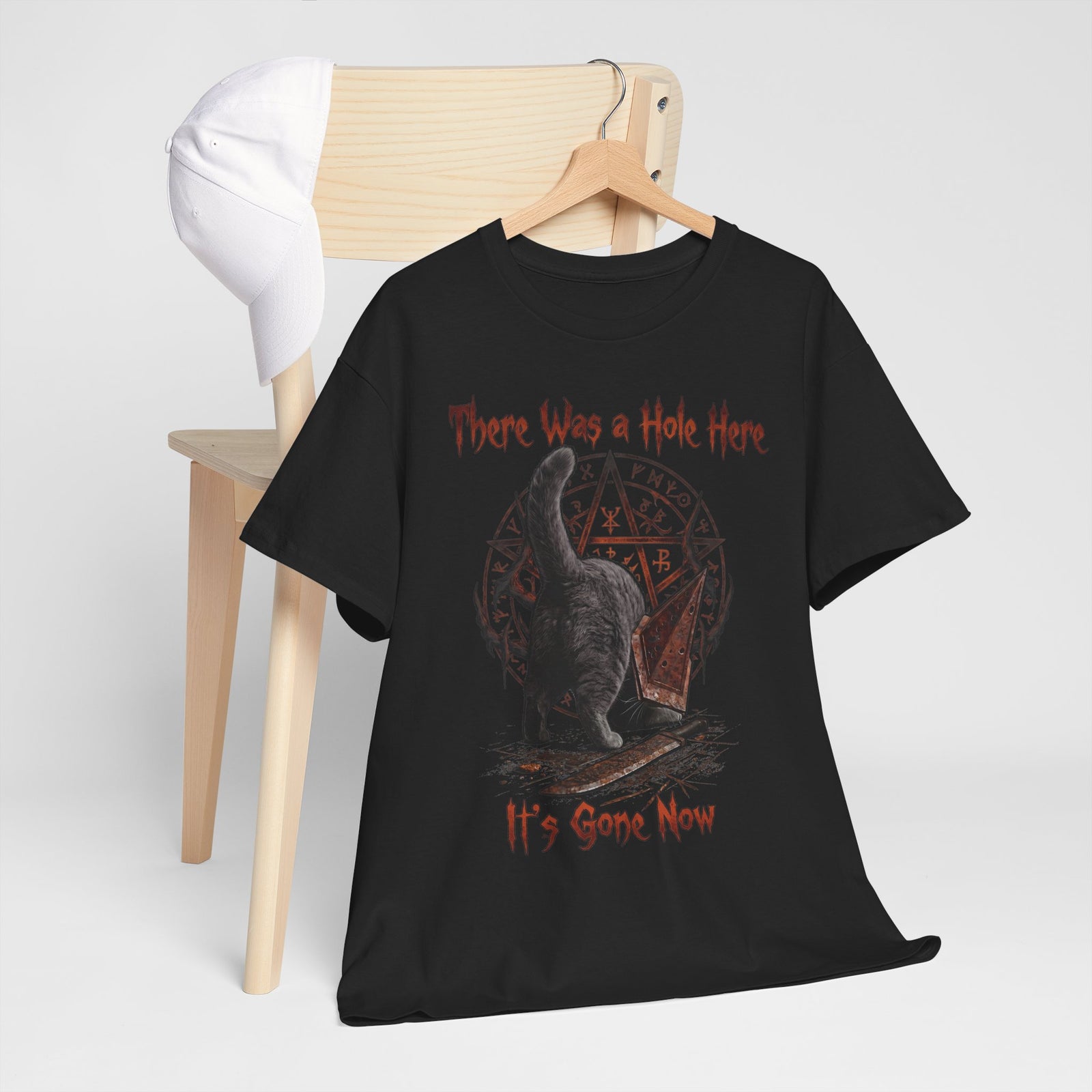 There Was A Hole Here Pyramid Head Cat T-Shirt — Silent Hill Parody Gaming Tee