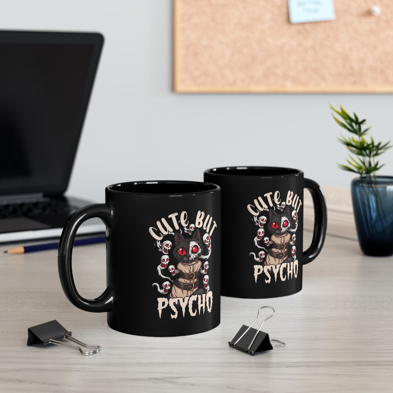Cute But Psycho Black Mug — Funny Straightjacket Black Cat Horror Mug