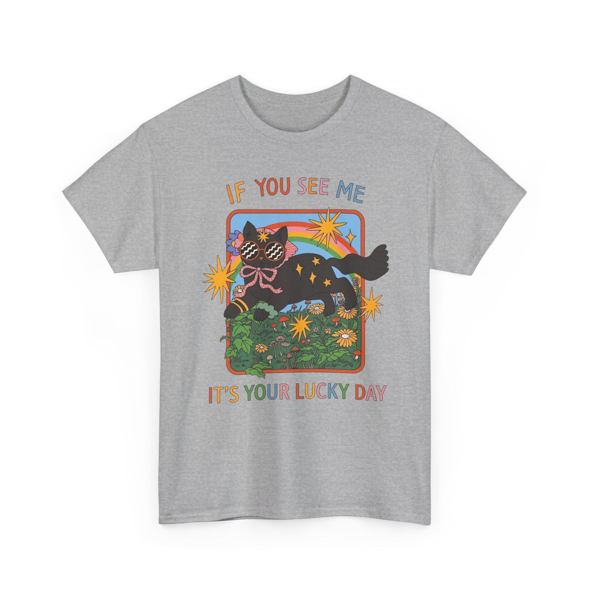 If You See Me It's Your Lucky Day T-Shirt — Retro Groovy Black Cat Rainbow Graphic Tee