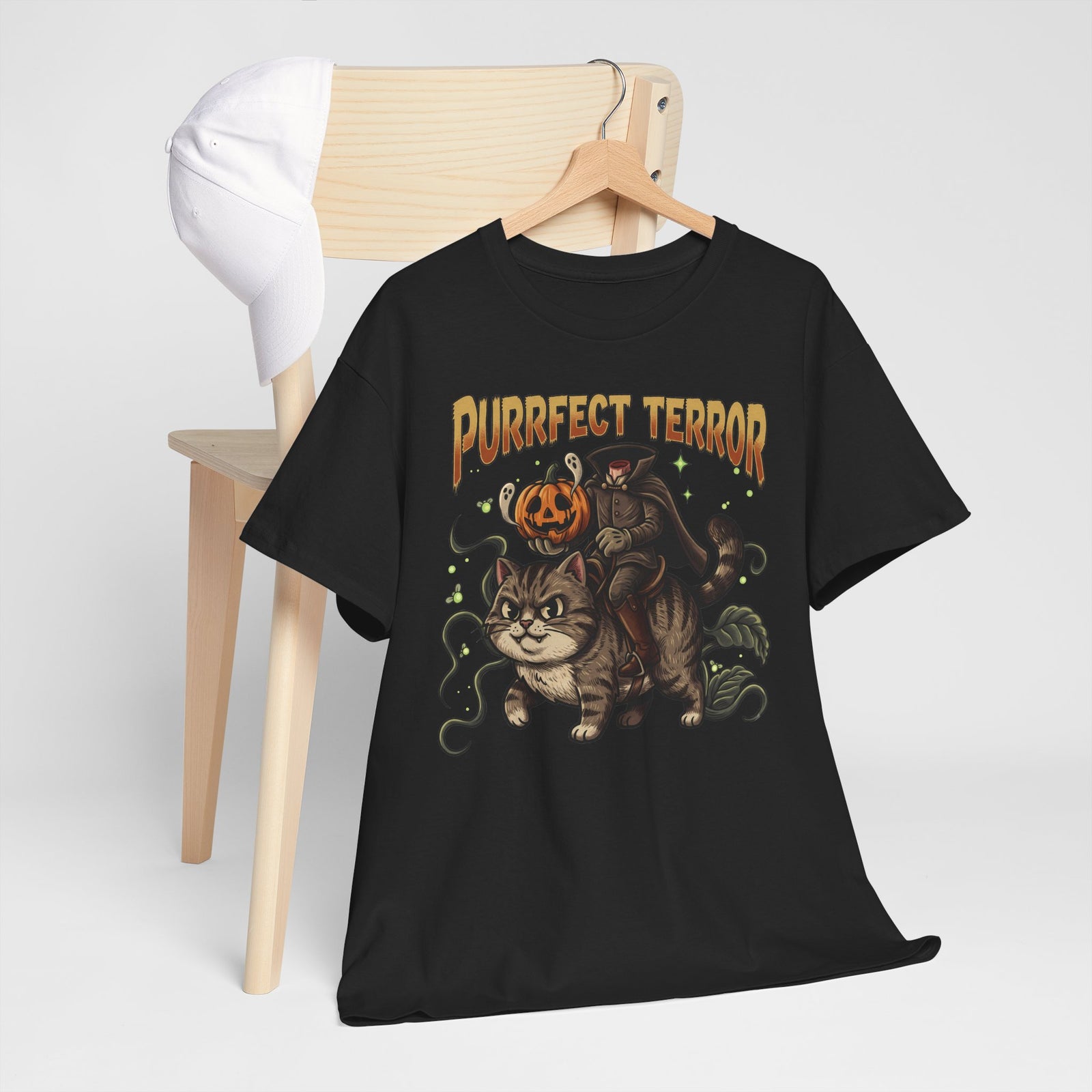 Purrfect Terror Headless Horseman Tabby Cat T-Shirt — Spooky Halloween Tee
