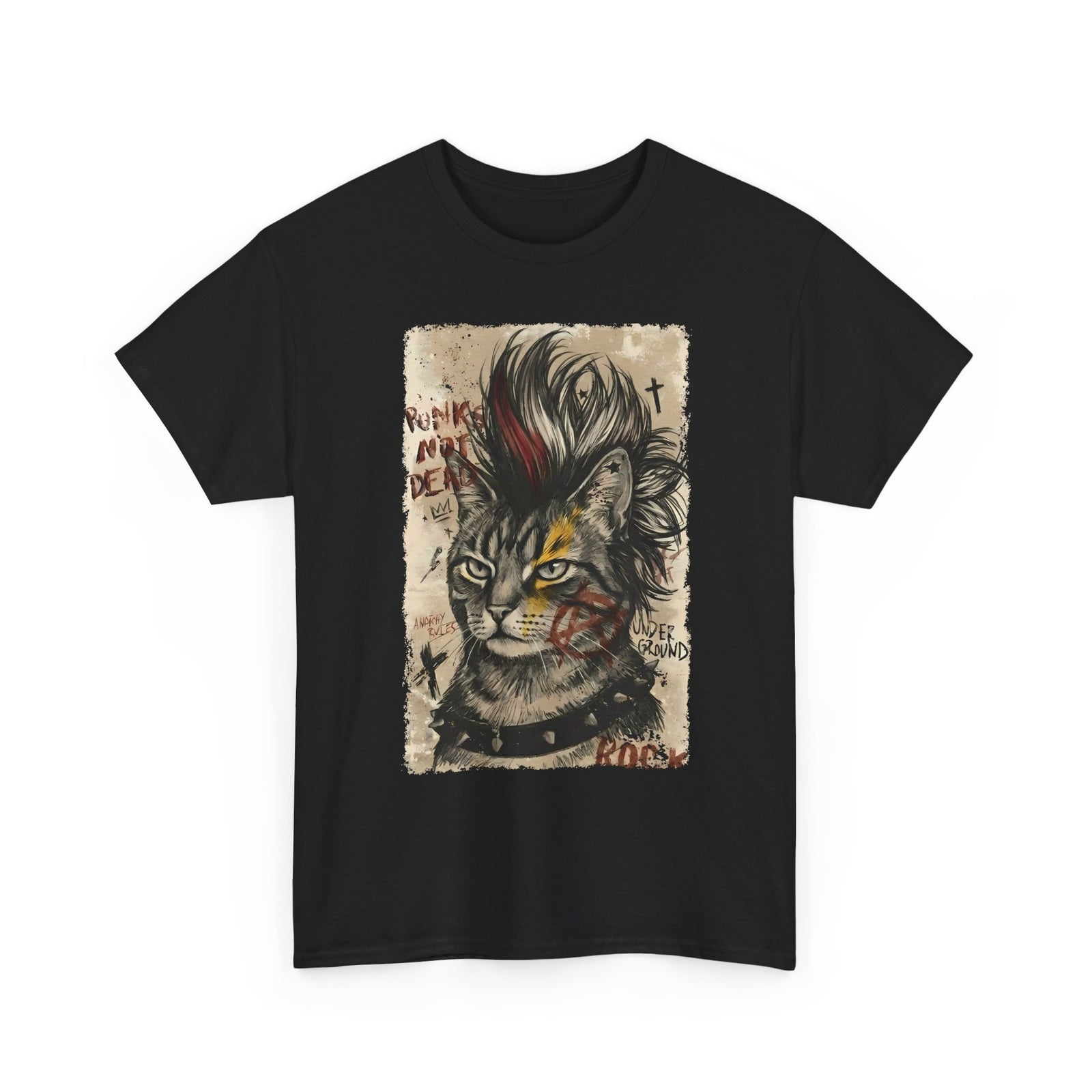 Punks Not Dead Cat T-Shirt — Edgy Mohawk Anarchy Feline Graphic