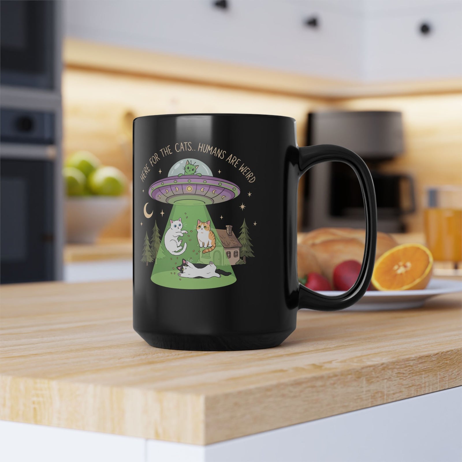 Here For The Cats Humans Are Weird Black Mug — Funny Alien UFO Cat Mug